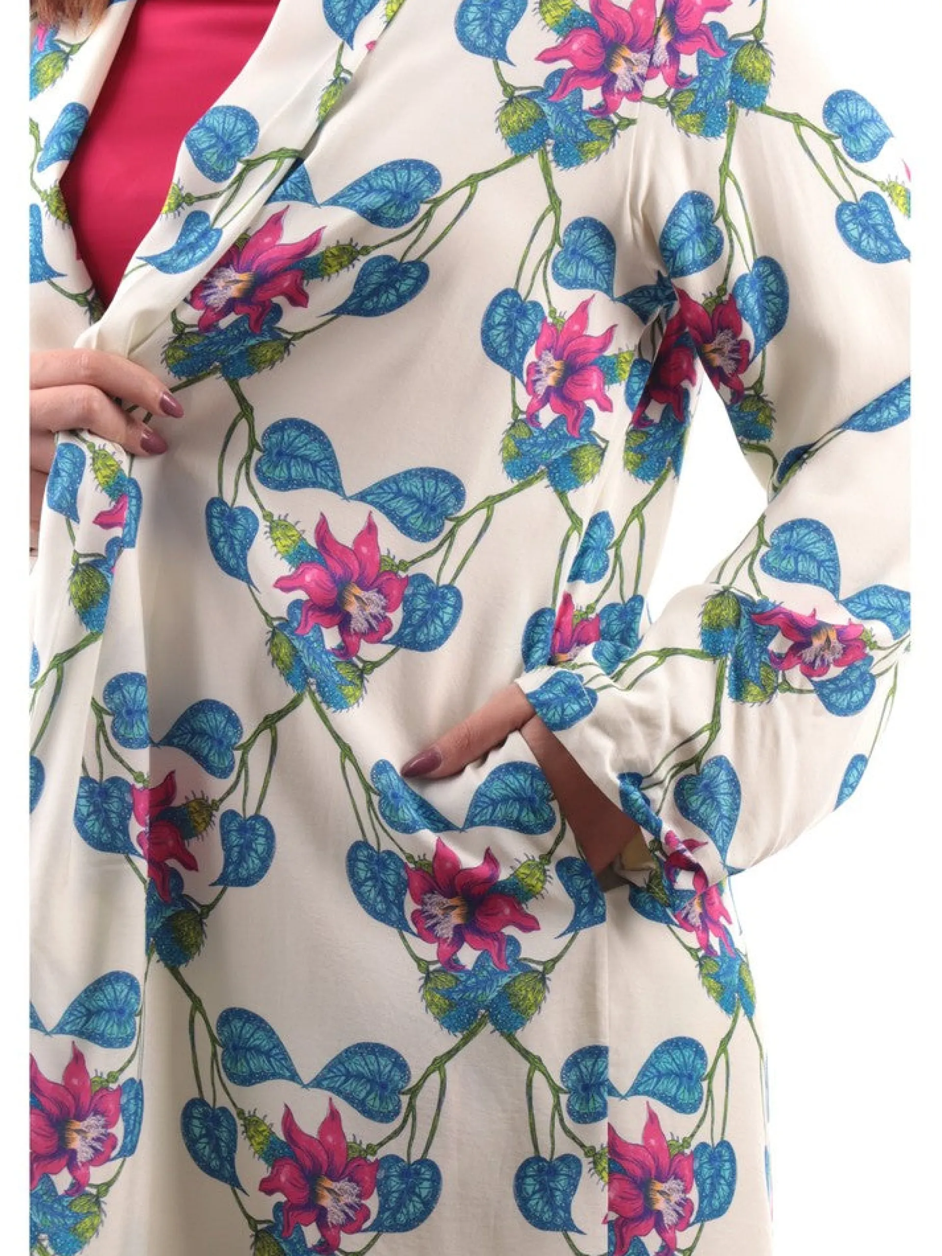 WUSIDE Maglie*Kimono Bianco Donna a fiori Fucsia Spolverino 237981
