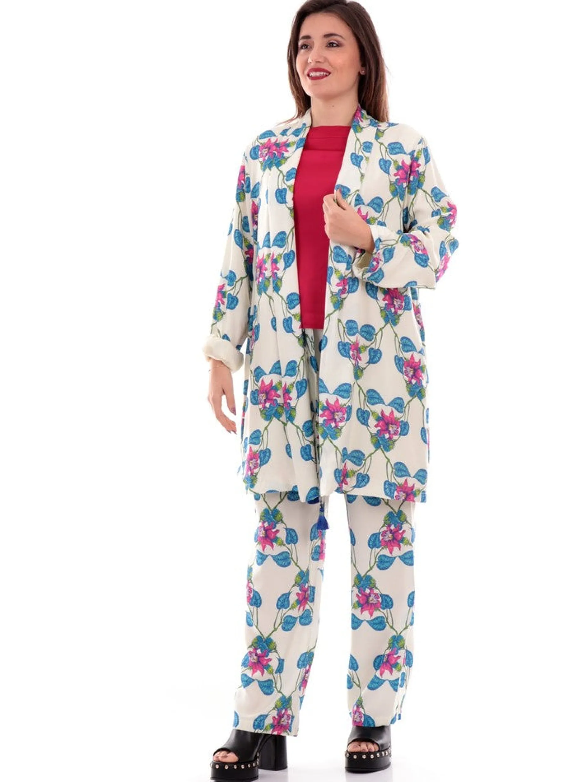 WUSIDE Maglie*Kimono Bianco Donna a fiori Fucsia Spolverino 237981