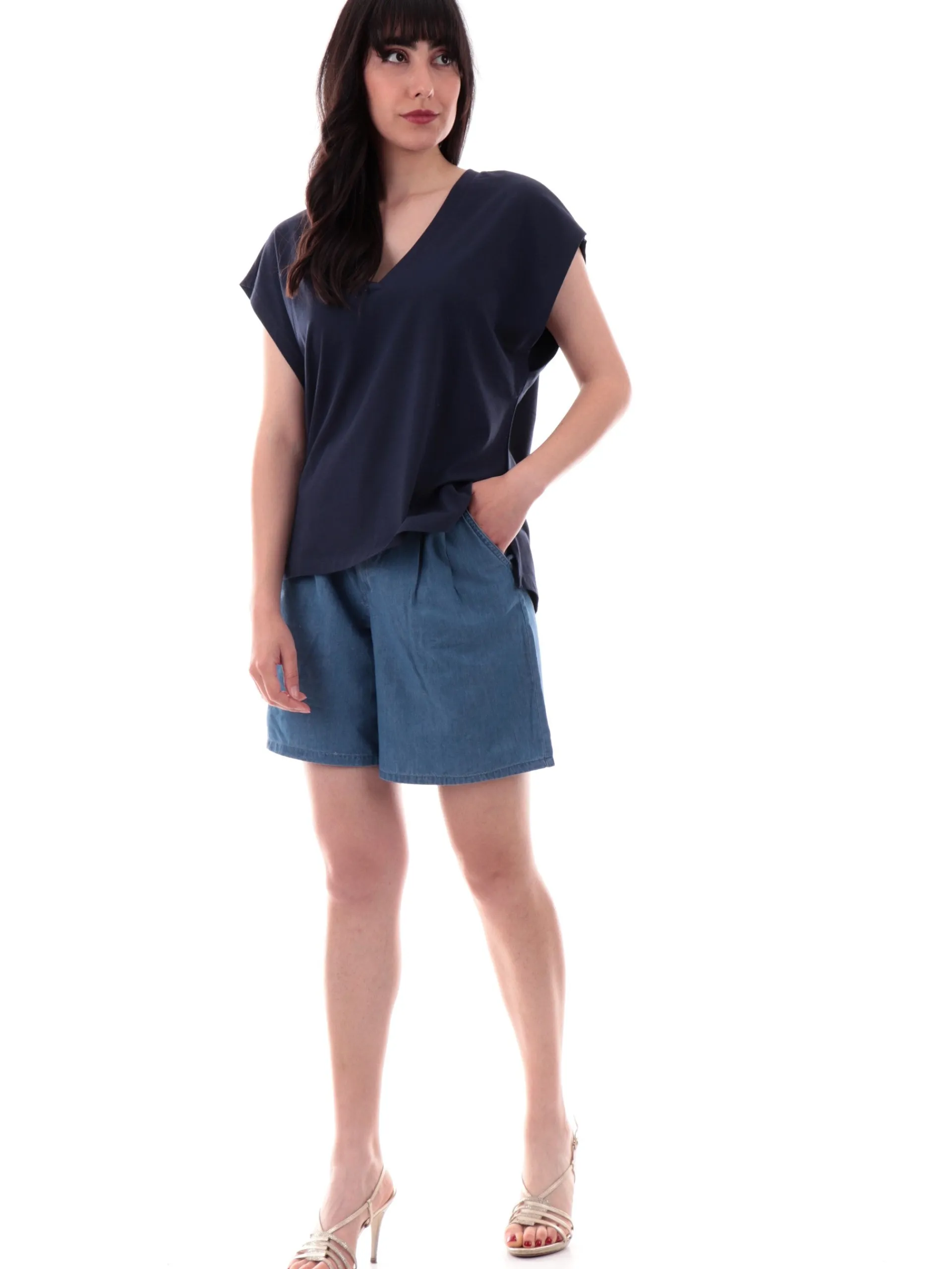 ANIS Maglie*Maglia blu scollo a V da donna maniche aletta 251C1113
