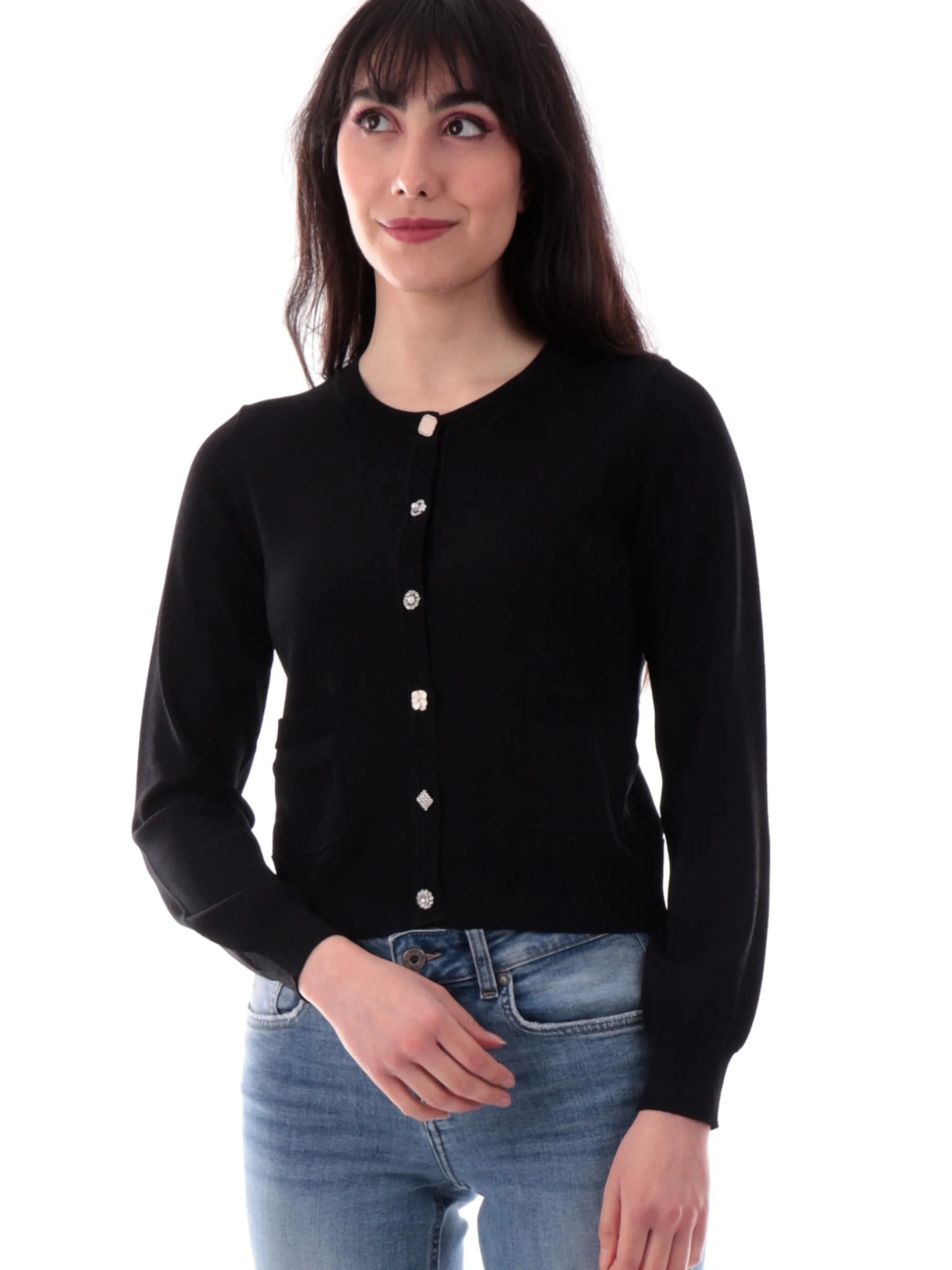 ANIS Maglie*Maglia coreana nera da donna con bottoni gioiello 251W1067