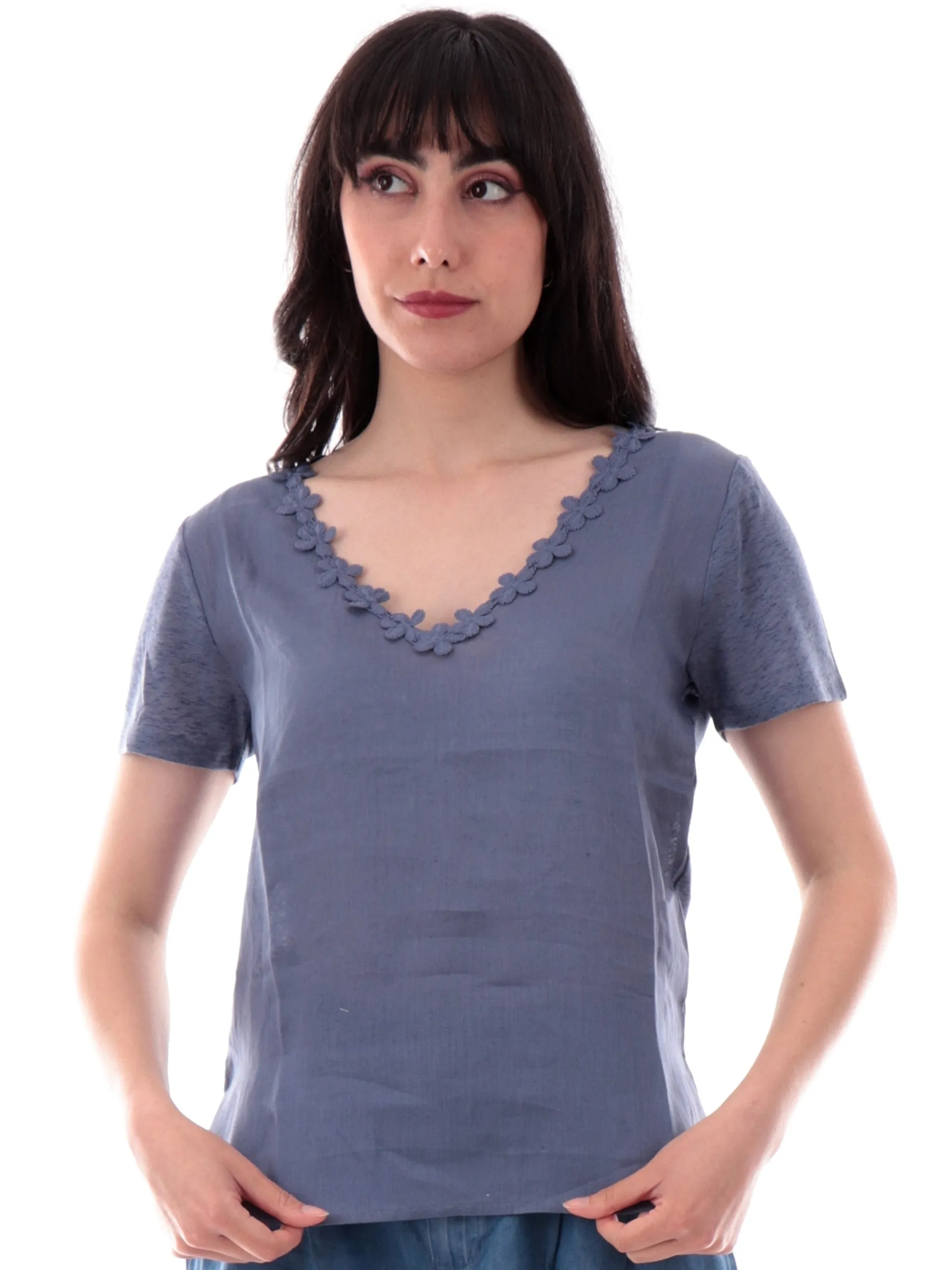 ANIS Maglie*Maglia lino blu scollo a V da donna con fiori ricamati 251C1526