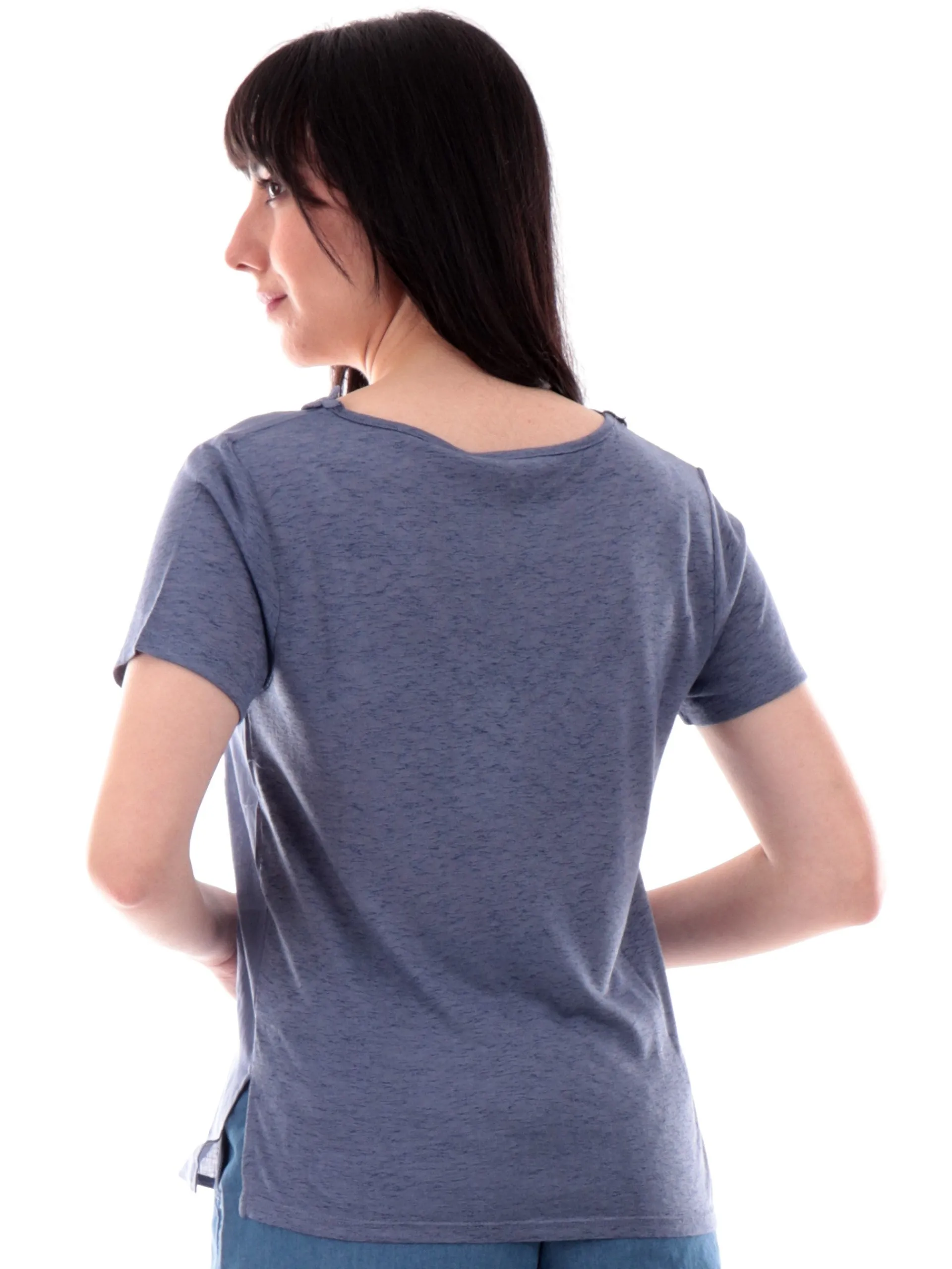 ANIS Maglie*Maglia lino blu scollo a V da donna con fiori ricamati 251C1526