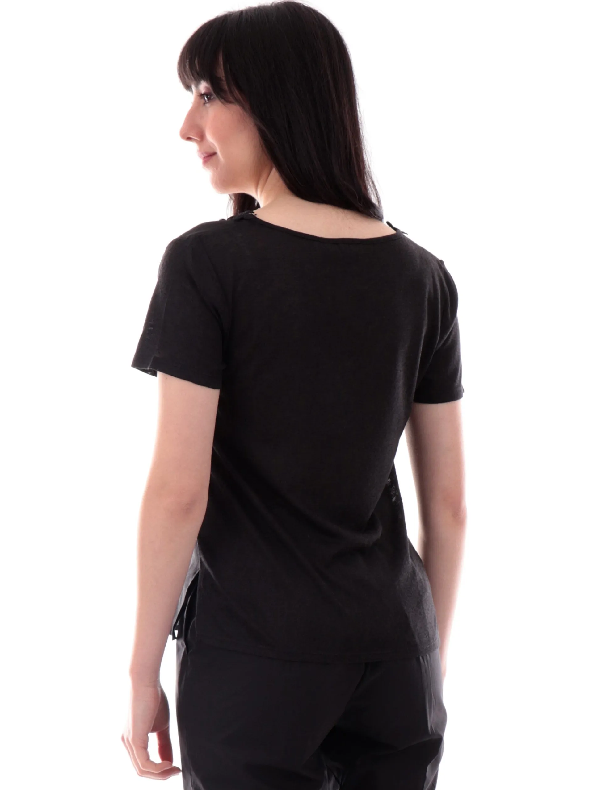 ANIS Maglie*Maglia lino nera scollo a V da donna con fiori ricamati 251C1526