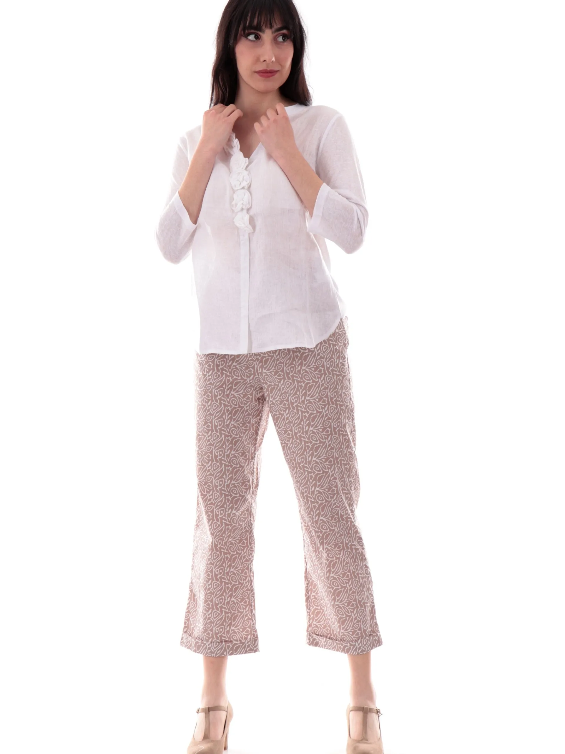 ANIS Maglie*Maglia White bianca scollo a V roselline in lino maniche tre quarti 251C1510 001