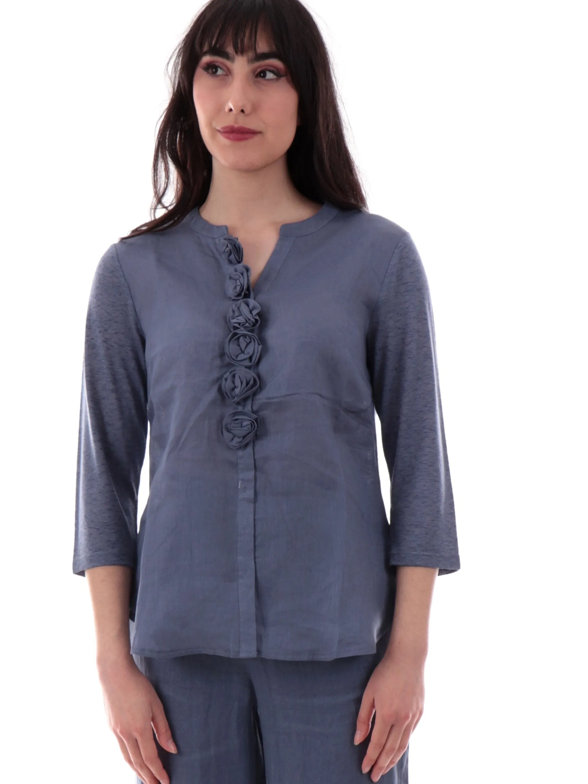 ANIS Maglie*Maglia White blu scollo a V roselline in lino maniche tre quarti 251C1510 287