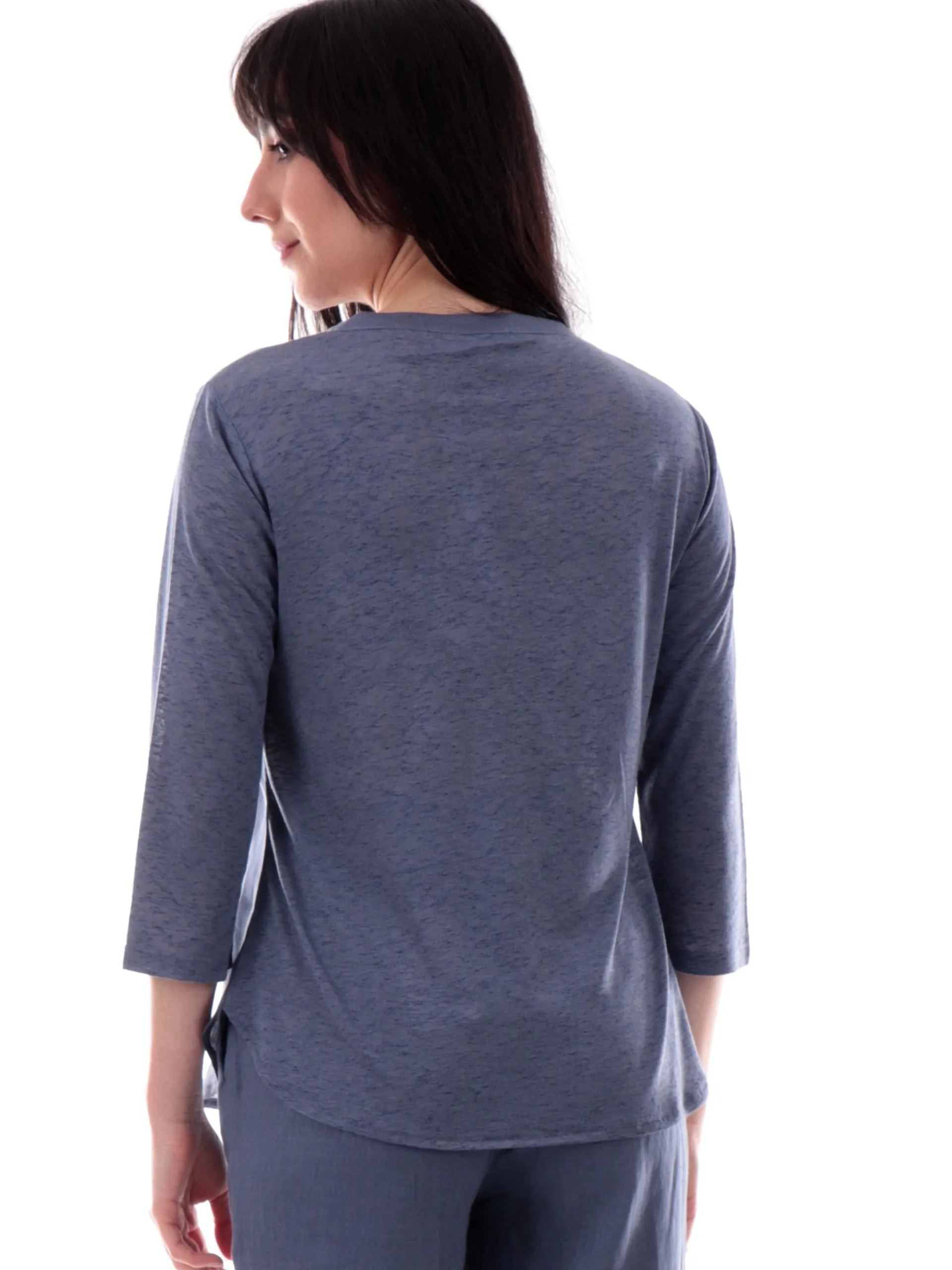 ANIS Maglie*Maglia White blu scollo a V roselline in lino maniche tre quarti 251C1510 287