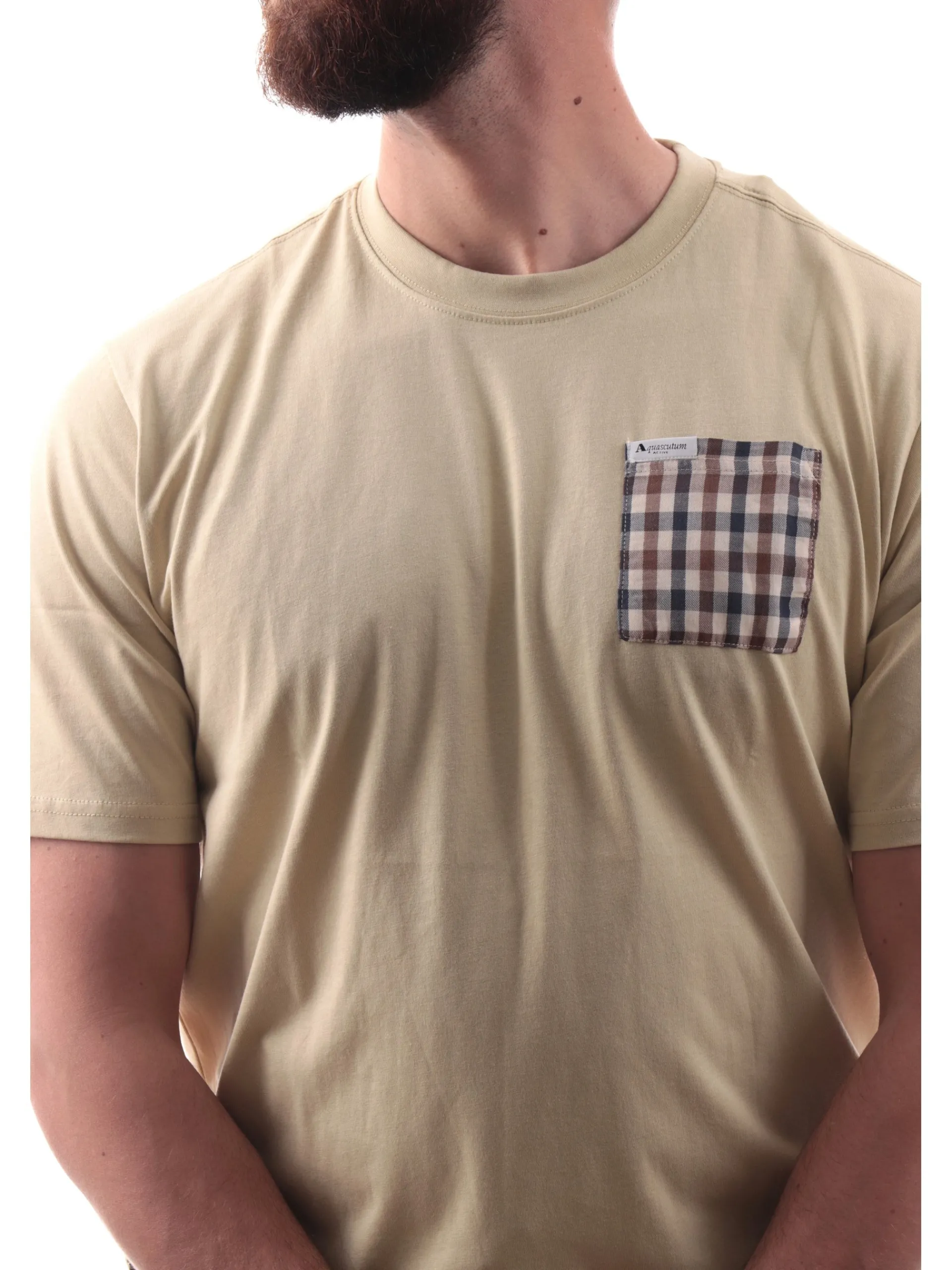 AQUASCUTUM T-Shirt*Maglia beige da uomo con taschino a quadri AAB005TS007