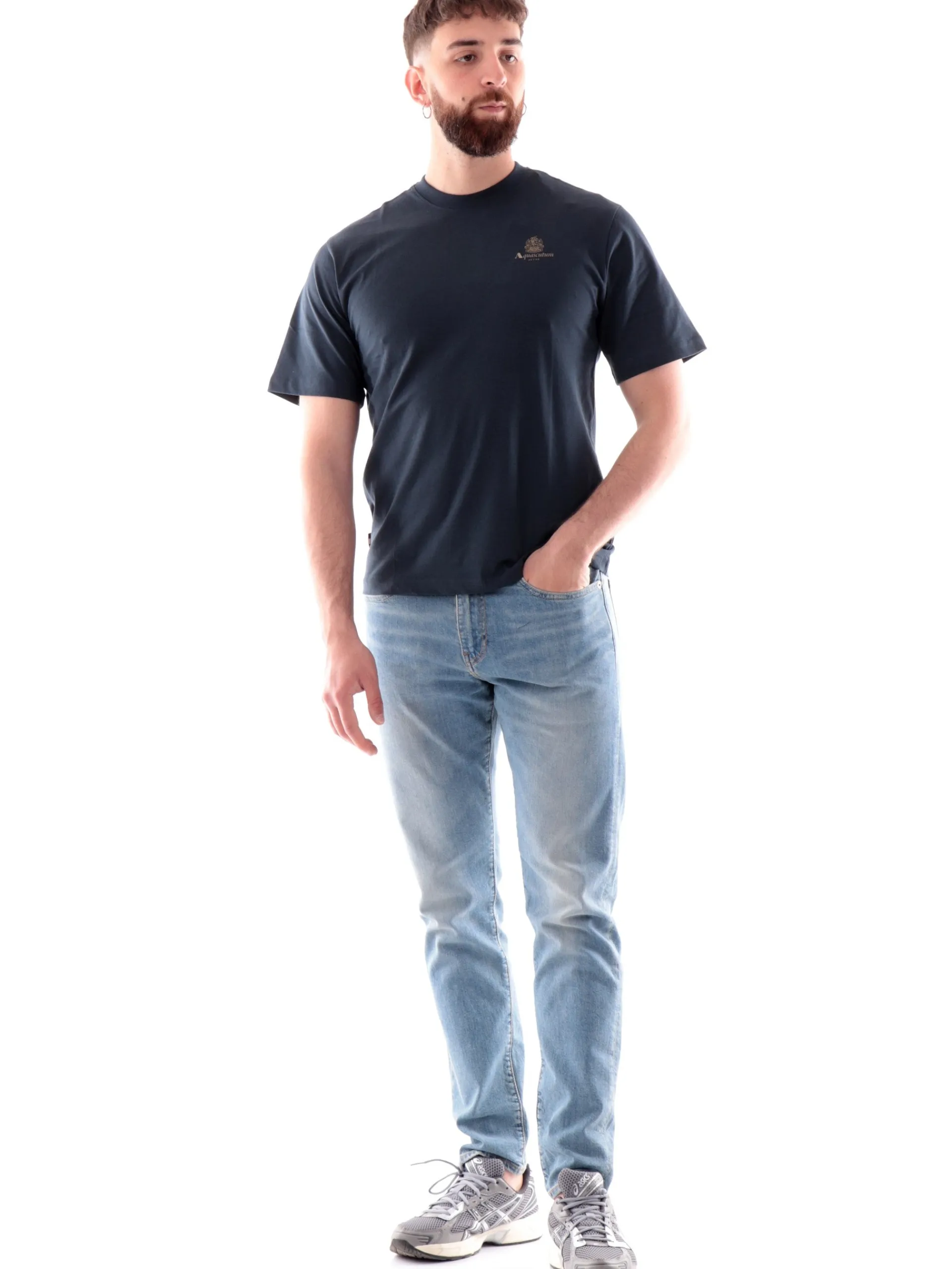 AQUASCUTUM T-Shirt*Maglia blu da uomo con logo stampato lato cuore AAB005TS005