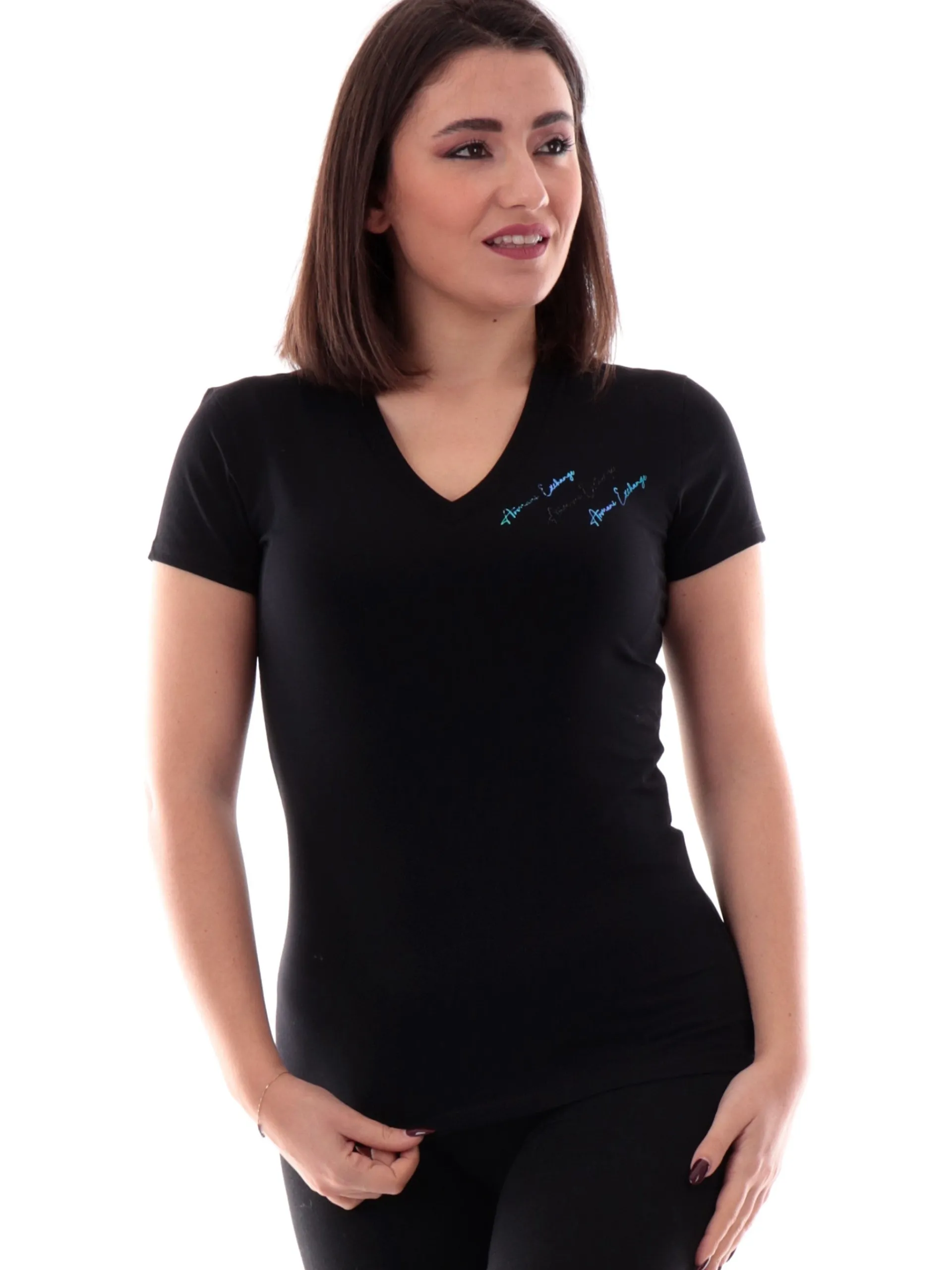ARMANI EXCHANGE T-Shirt*Maglia AX nera scollo a V da donna logo AX con strass XW000600AF10355
