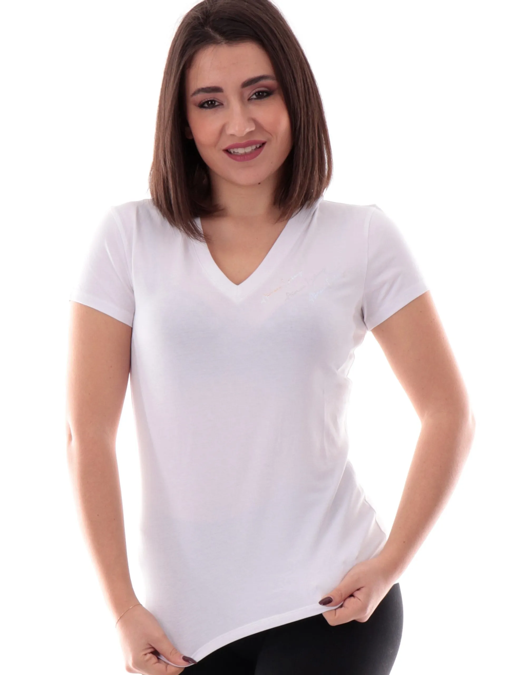 ARMANI EXCHANGE T-Shirt*Maglia AX bianca scollo a V da donna logo AX con strass XW000600AF10355
