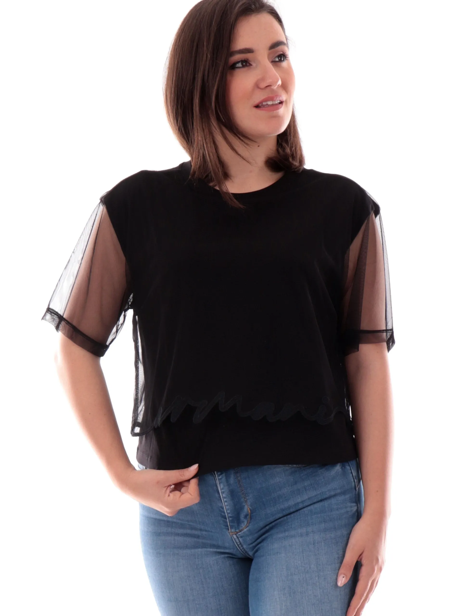ARMANI EXCHANGE T-Shirt*Maglia AX nera inserti pizzo con logo ricamato da donna XW000541AF10359 UC001