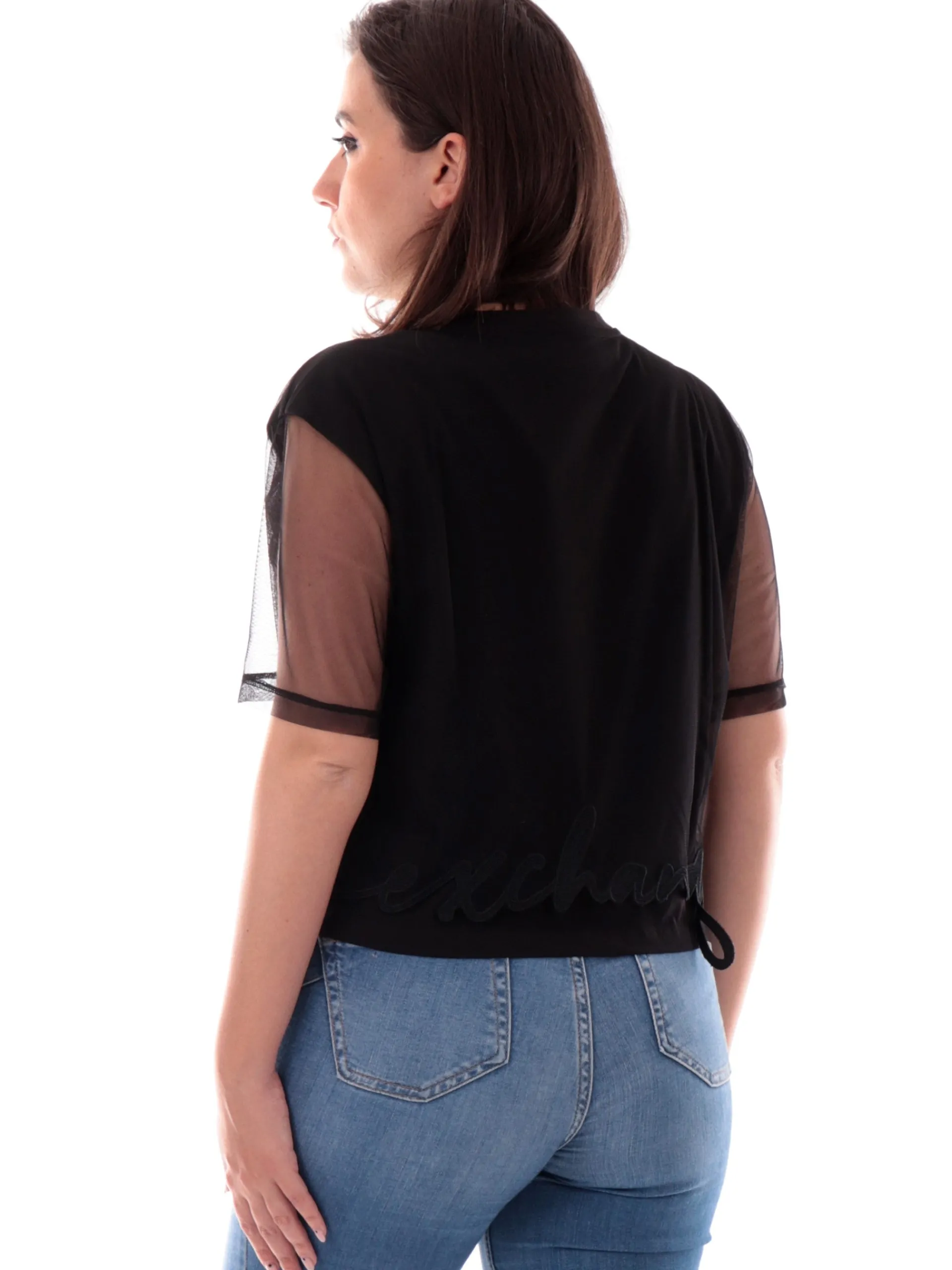 ARMANI EXCHANGE T-Shirt*Maglia AX nera inserti pizzo con logo ricamato da donna XW000541AF10359 UC001