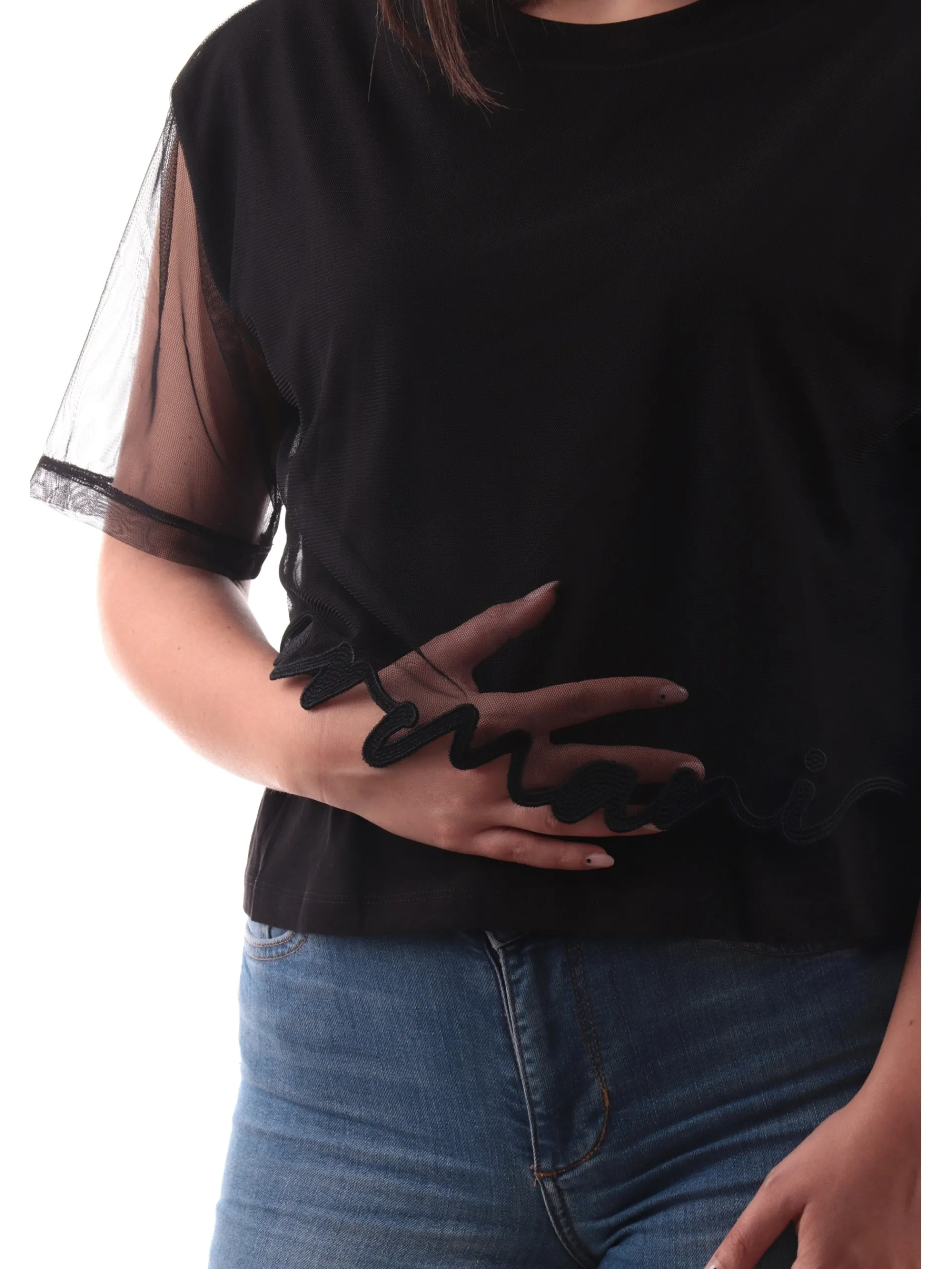 ARMANI EXCHANGE T-Shirt*Maglia AX nera inserti pizzo con logo ricamato da donna XW000541AF10359 UC001