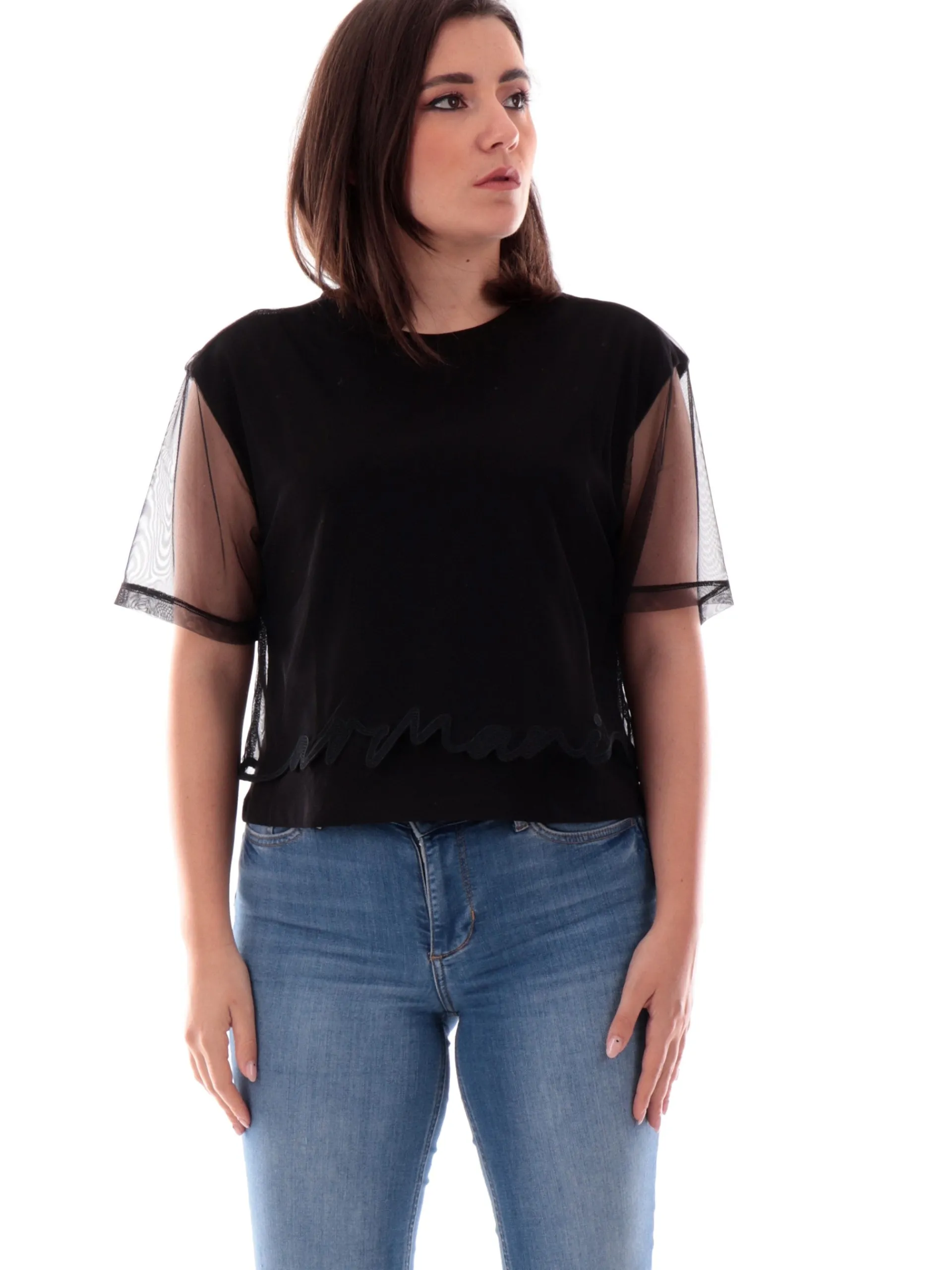 ARMANI EXCHANGE T-Shirt*Maglia AX nera inserti pizzo con logo ricamato da donna XW000541AF10359 UC001