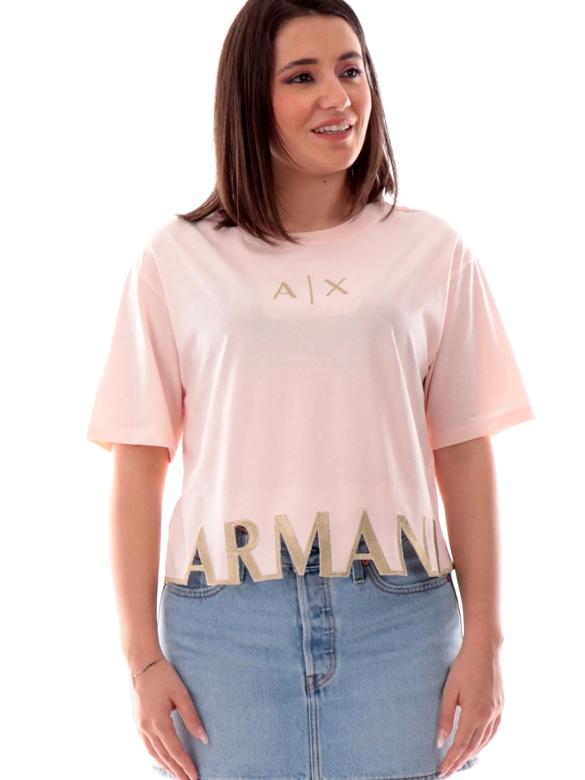 ARMANI EXCHANGE T-Shirt*Maglia AX rosa vestibilità morbida da donna logo Armani con glitter XW001699AF1035