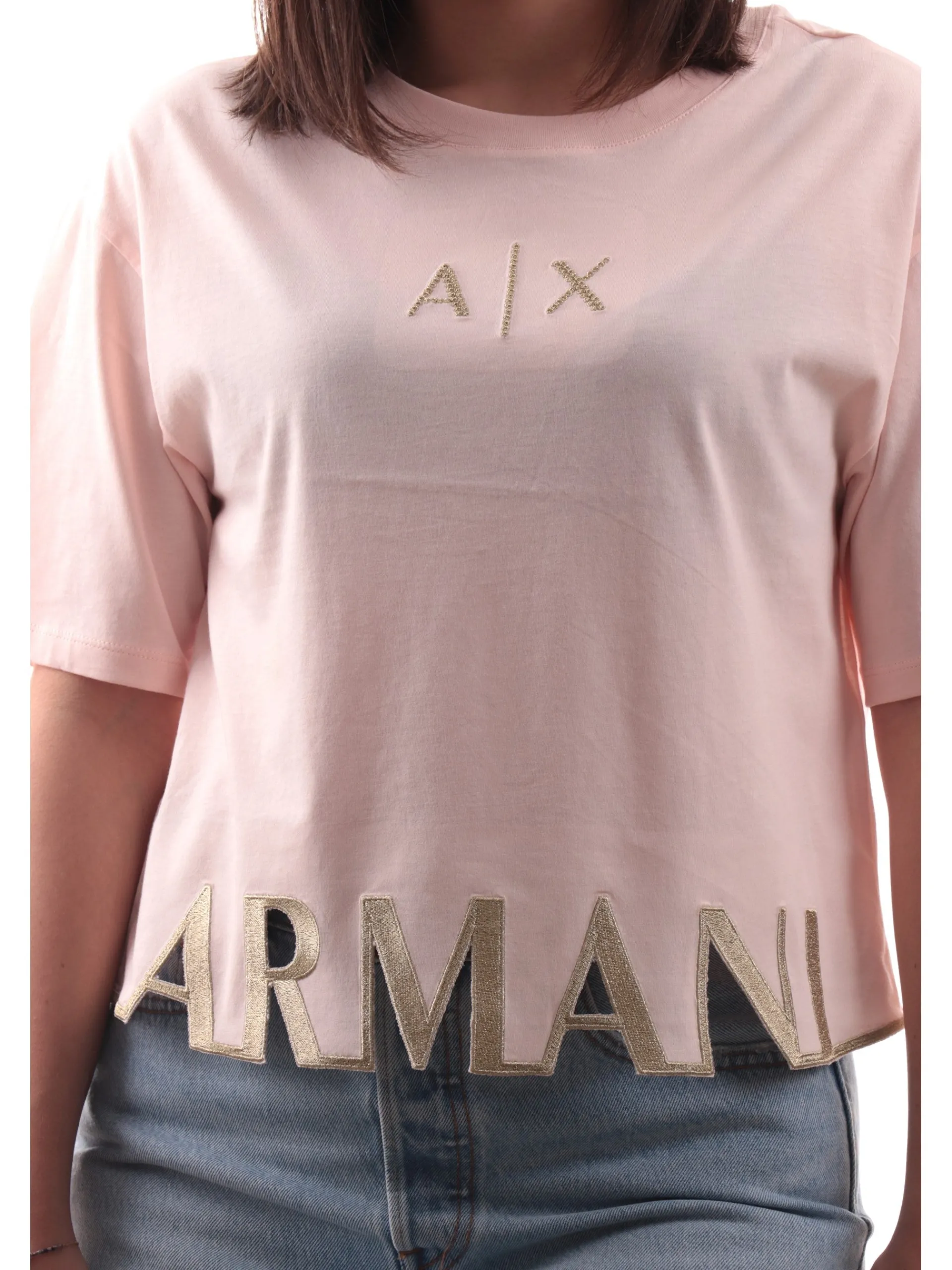 ARMANI EXCHANGE T-Shirt*Maglia AX rosa vestibilità morbida da donna logo Armani con glitter XW001699AF1035