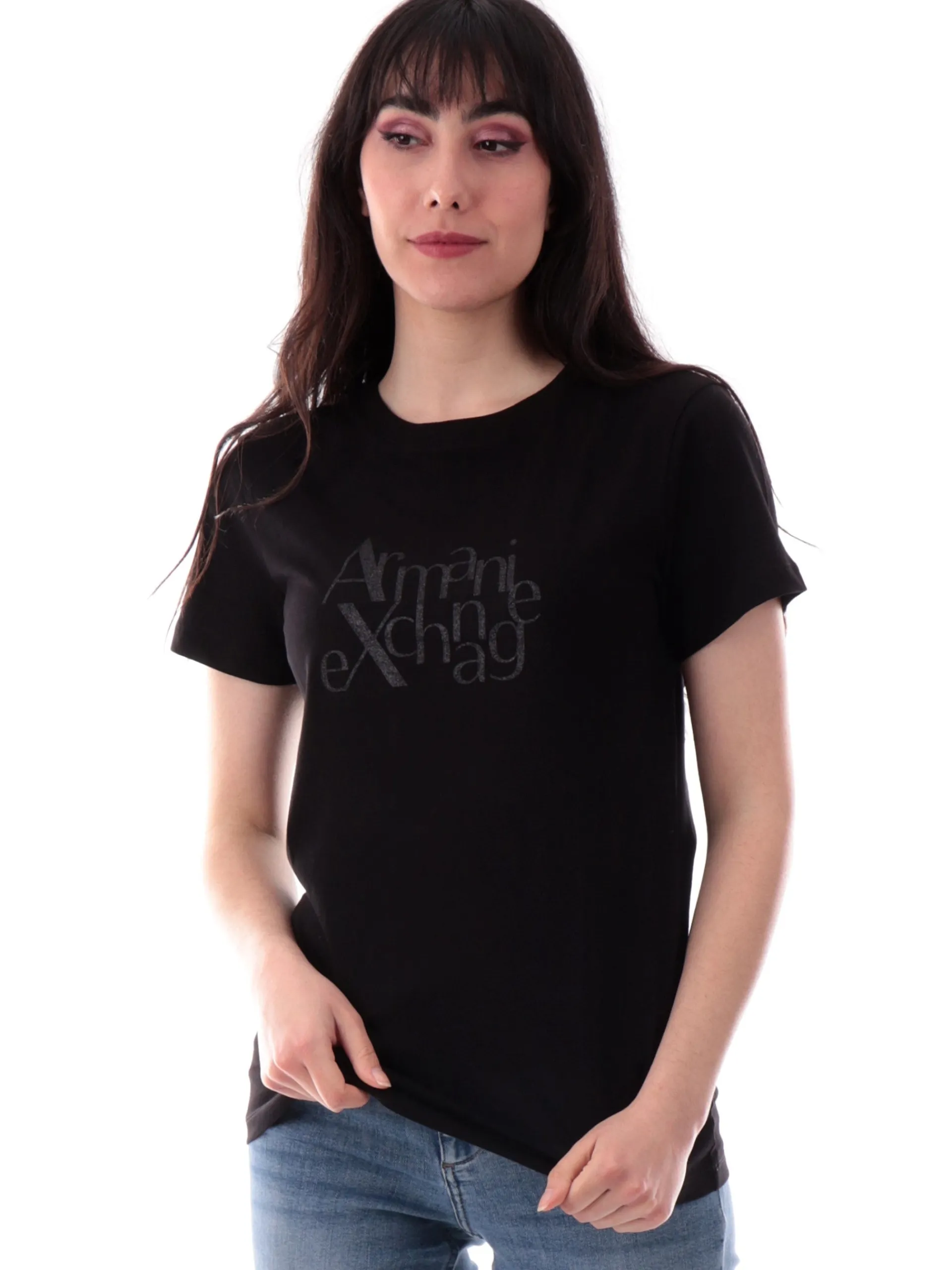 ARMANI EXCHANGE T-Shirt*Maglia AX nera girocollo da donna stampa con glitter XW000109AF10359 UC001