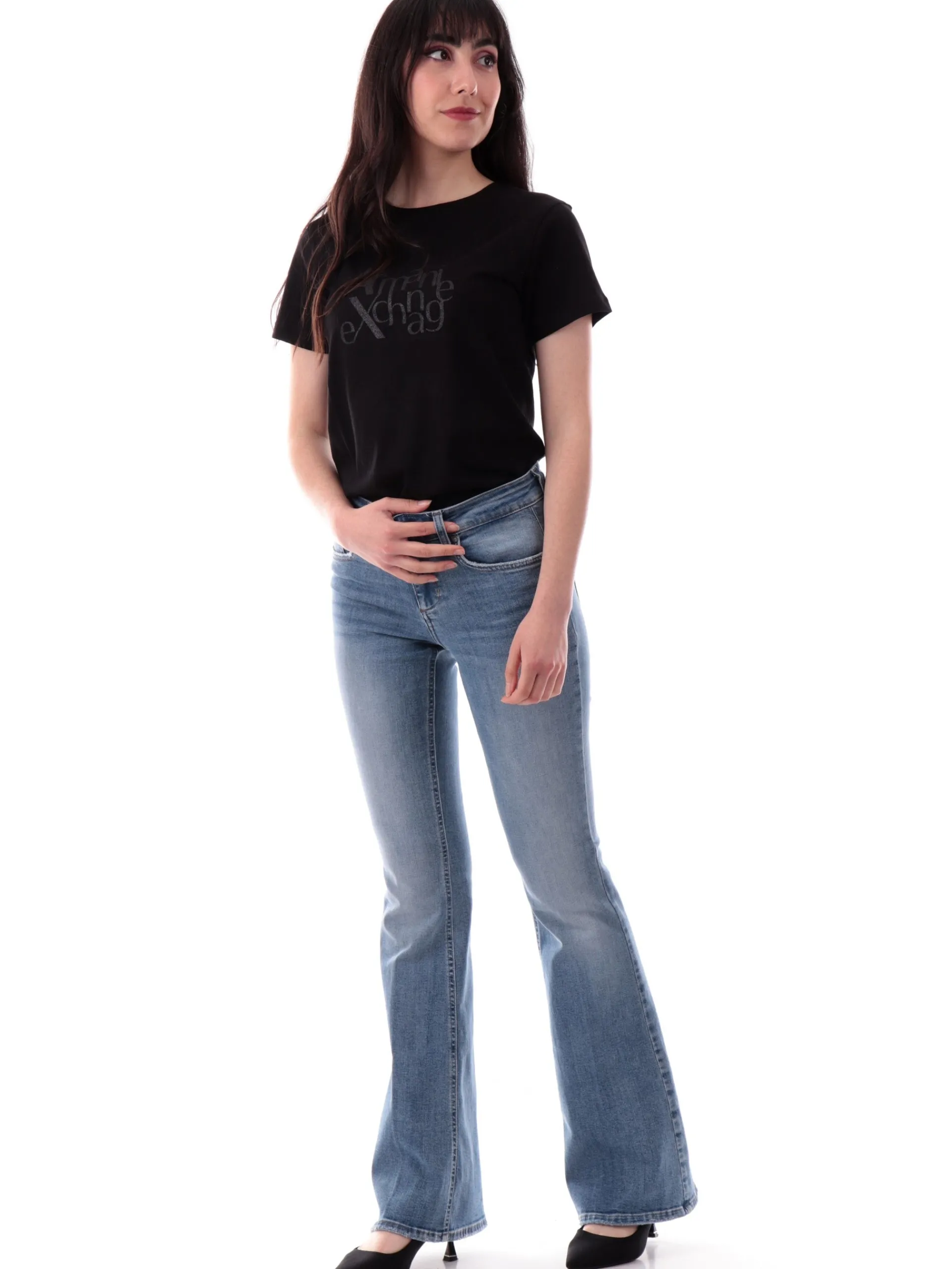 ARMANI EXCHANGE T-Shirt*Maglia AX nera girocollo da donna stampa con glitter XW000109AF10359 UC001