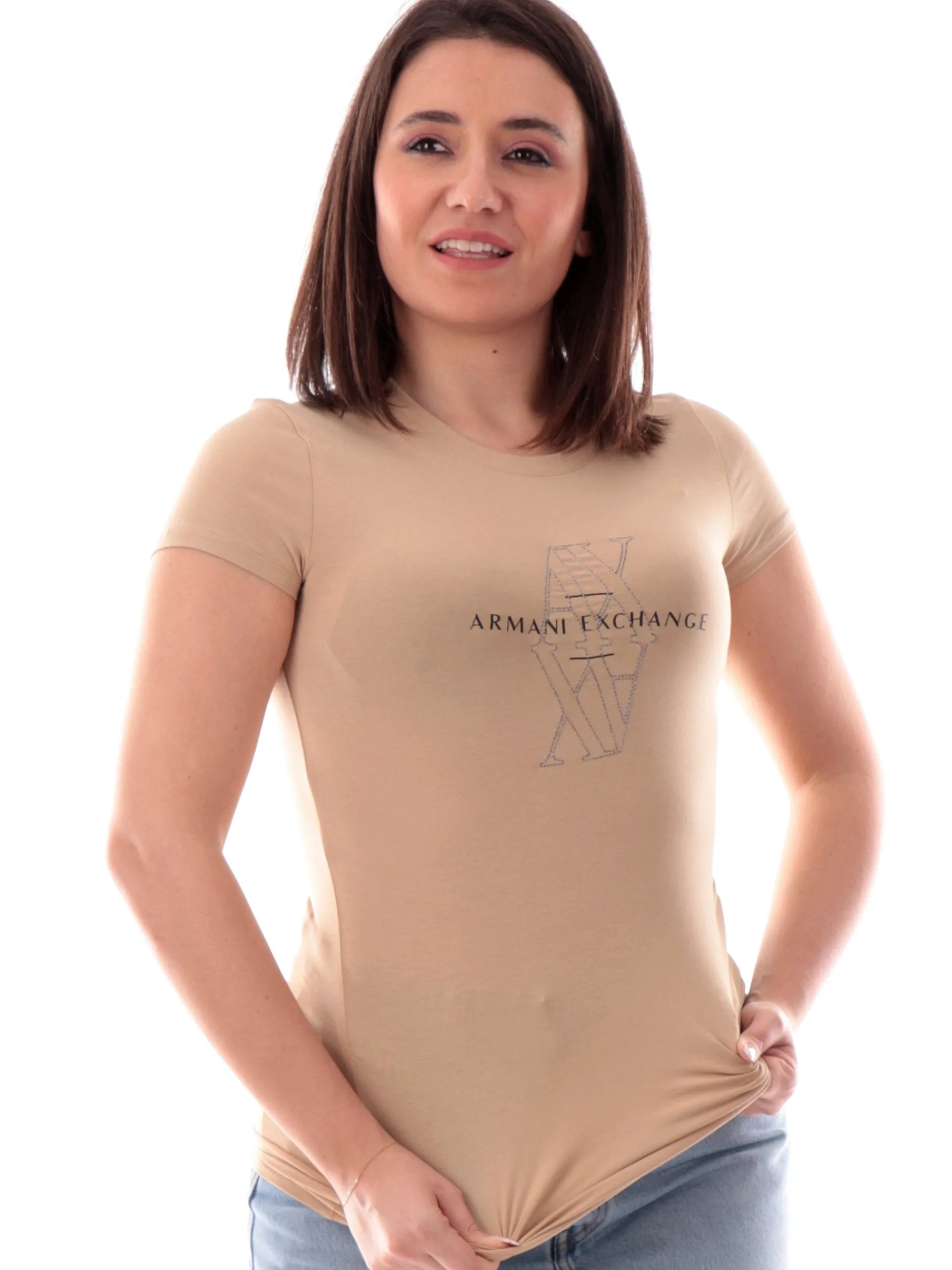 ARMANI EXCHANGE T-Shirt*Maglia AX marrone da donna logo AX con glitter XW000512AF11929 U6218