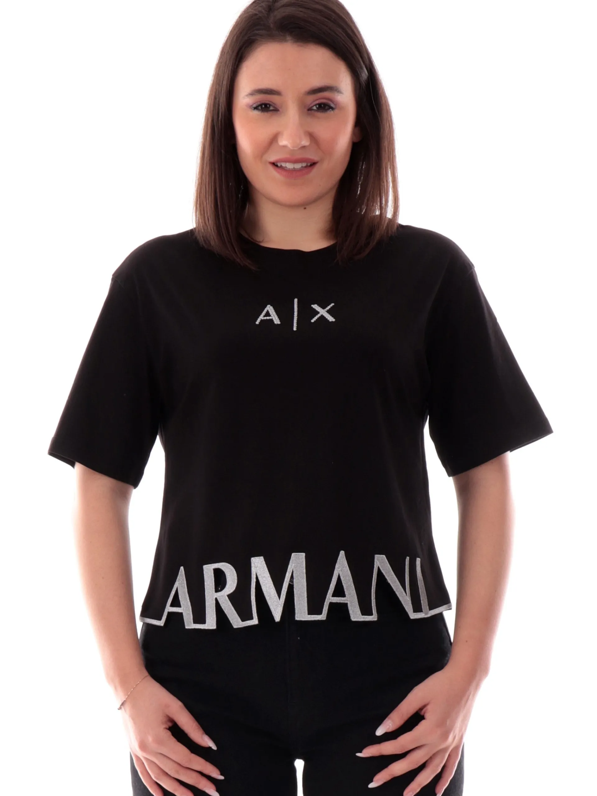 ARMANI EXCHANGE T-Shirt*Maglia AX nera vestibilità morbida da donna logo Armani con glitter XW001699AF1035