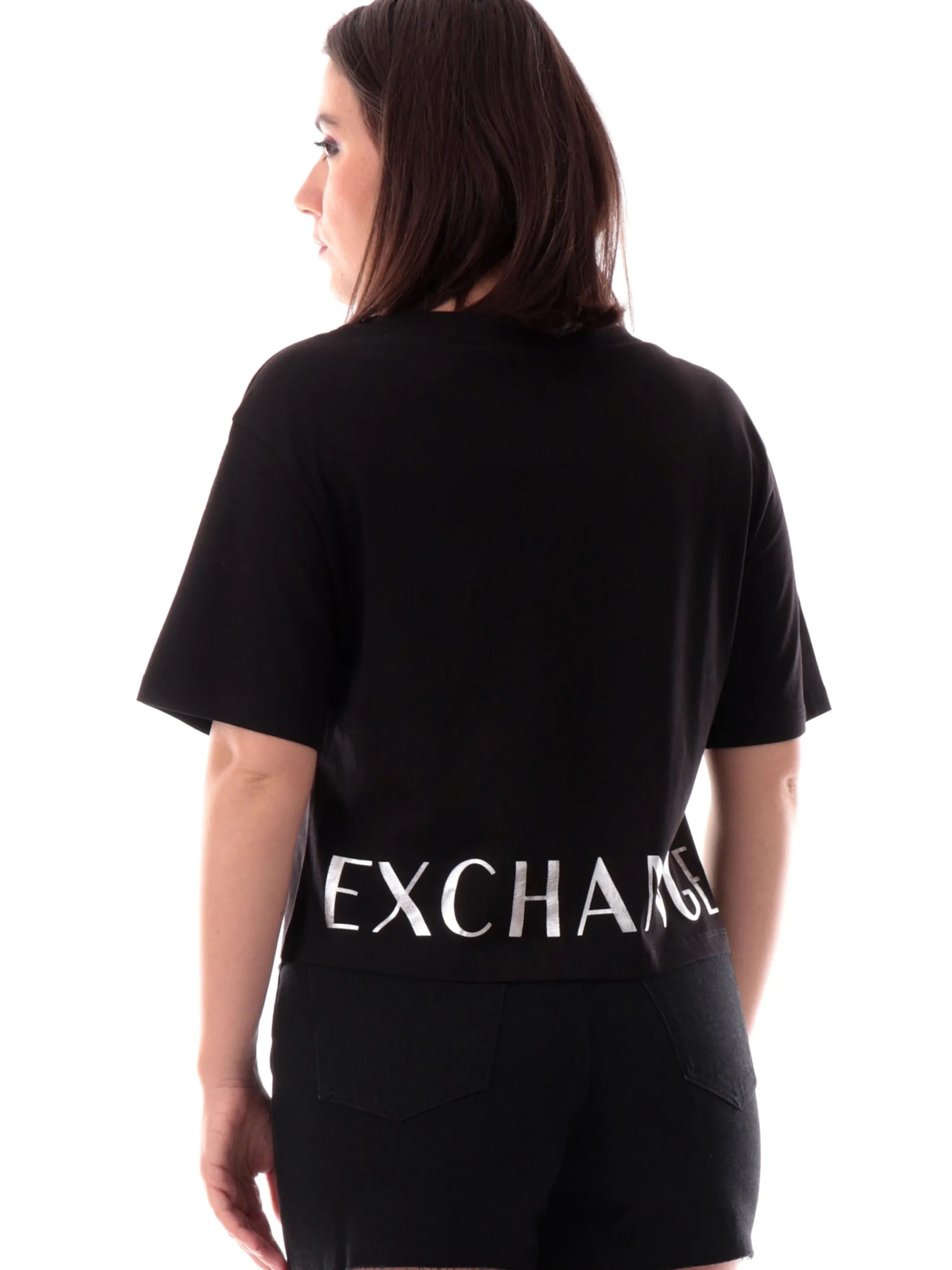ARMANI EXCHANGE T-Shirt*Maglia AX nera vestibilità morbida da donna logo Armani con glitter XW001699AF1035