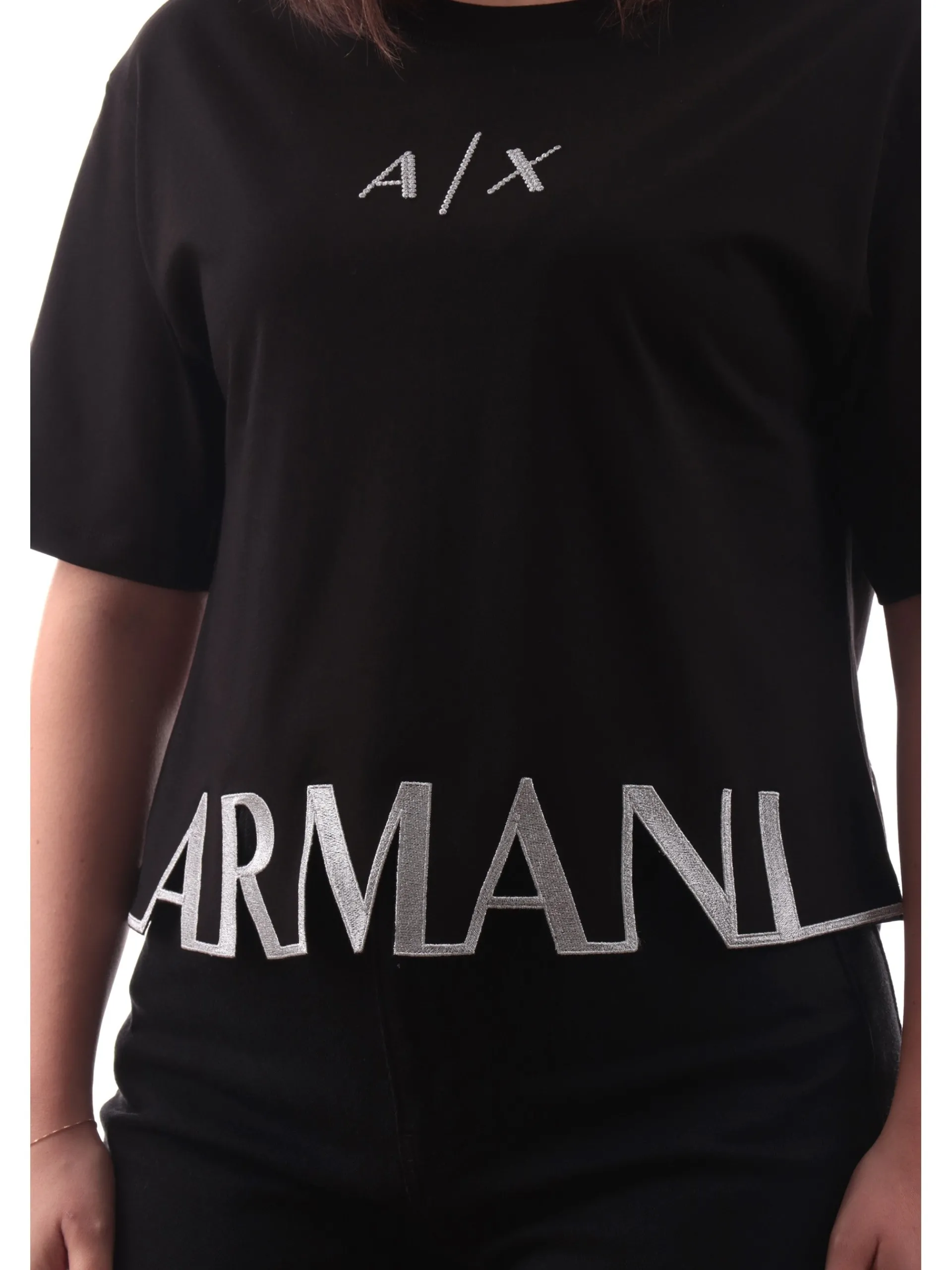 ARMANI EXCHANGE T-Shirt*Maglia AX nera vestibilità morbida da donna logo Armani con glitter XW001699AF1035