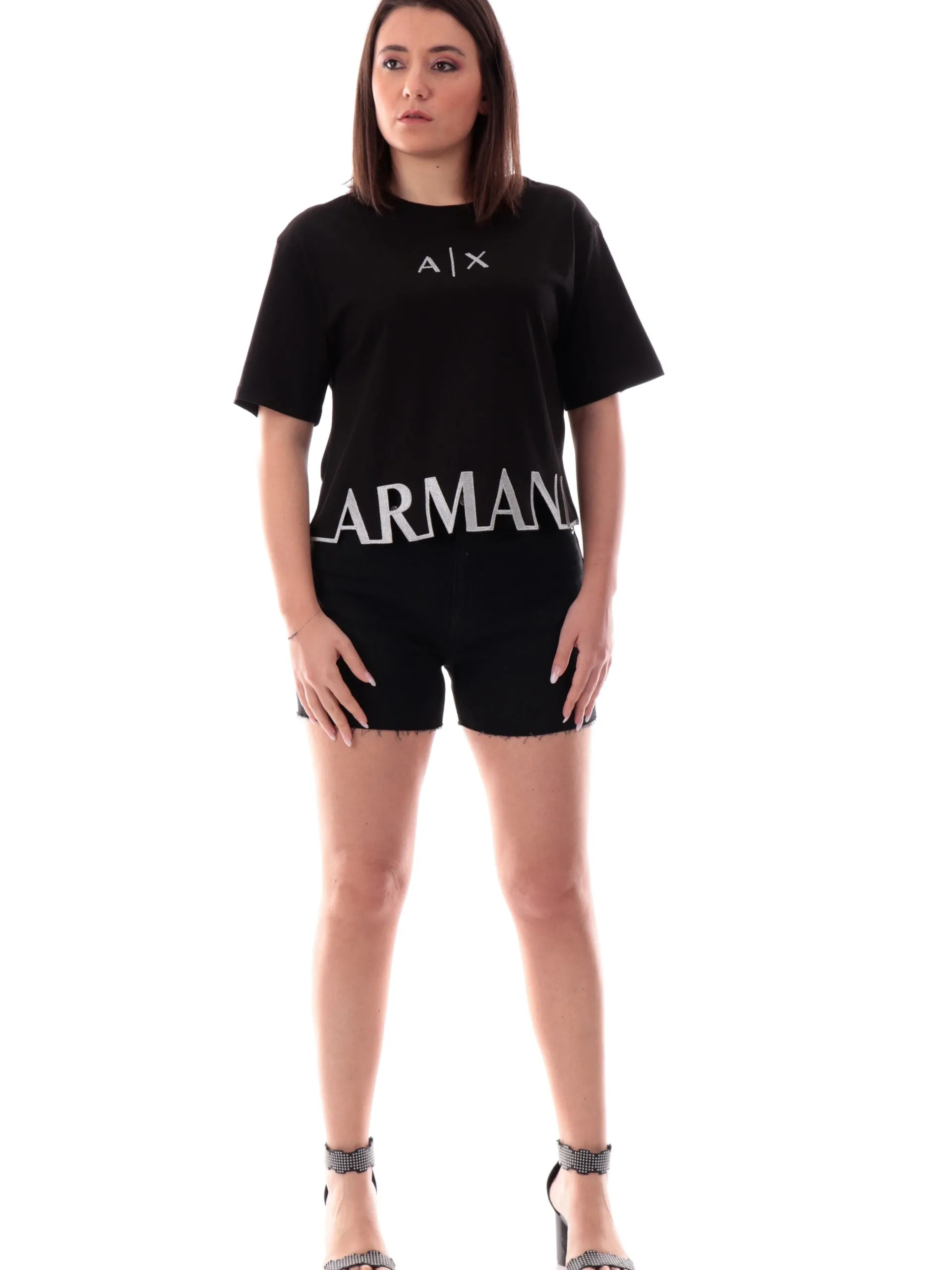 ARMANI EXCHANGE T-Shirt*Maglia AX nera vestibilità morbida da donna logo Armani con glitter XW001699AF1035