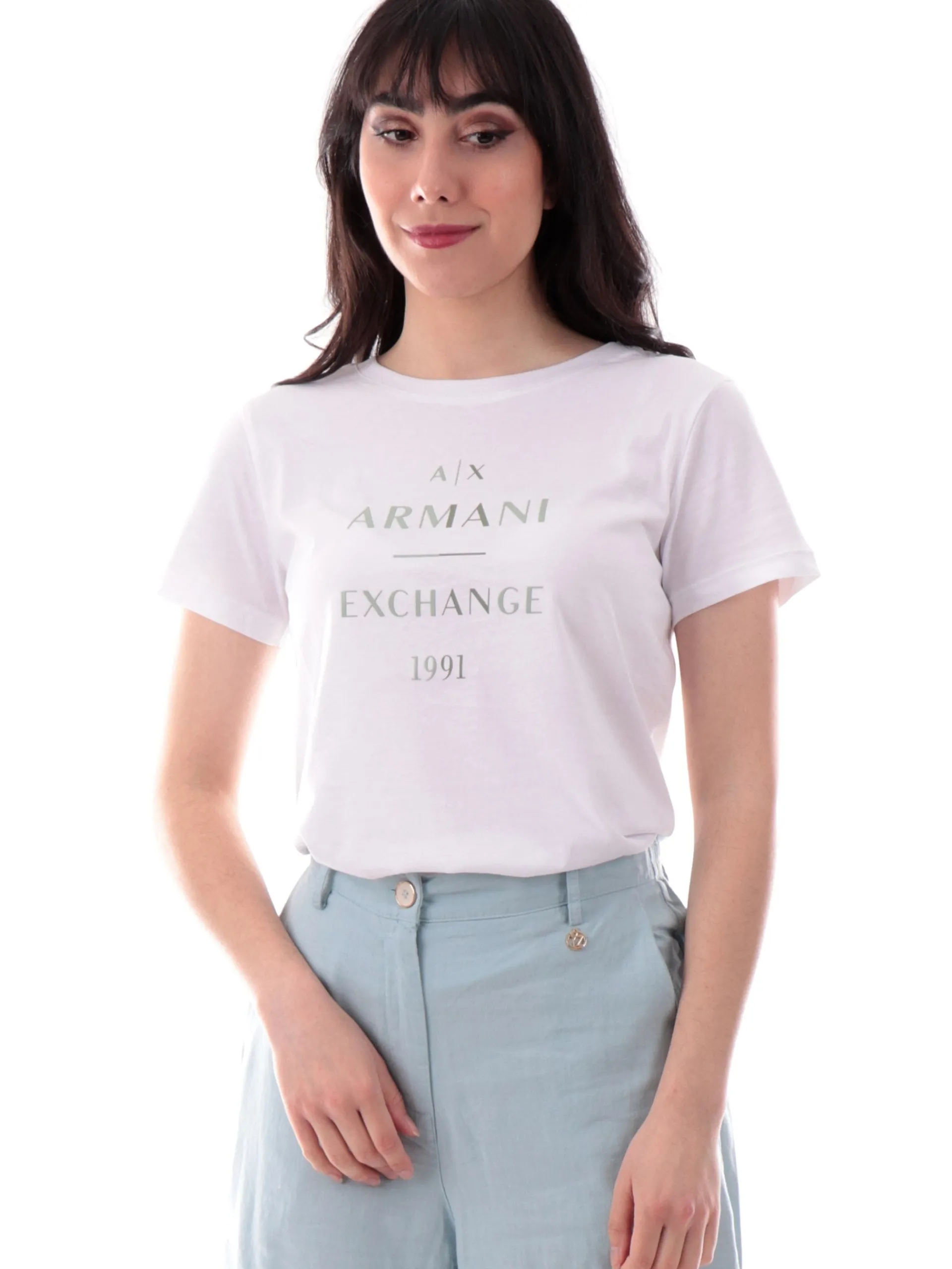 ARMANI EXCHANGE T-Shirt*Maglia Bianca da donna logo verde acqua XW000522AF1717 2