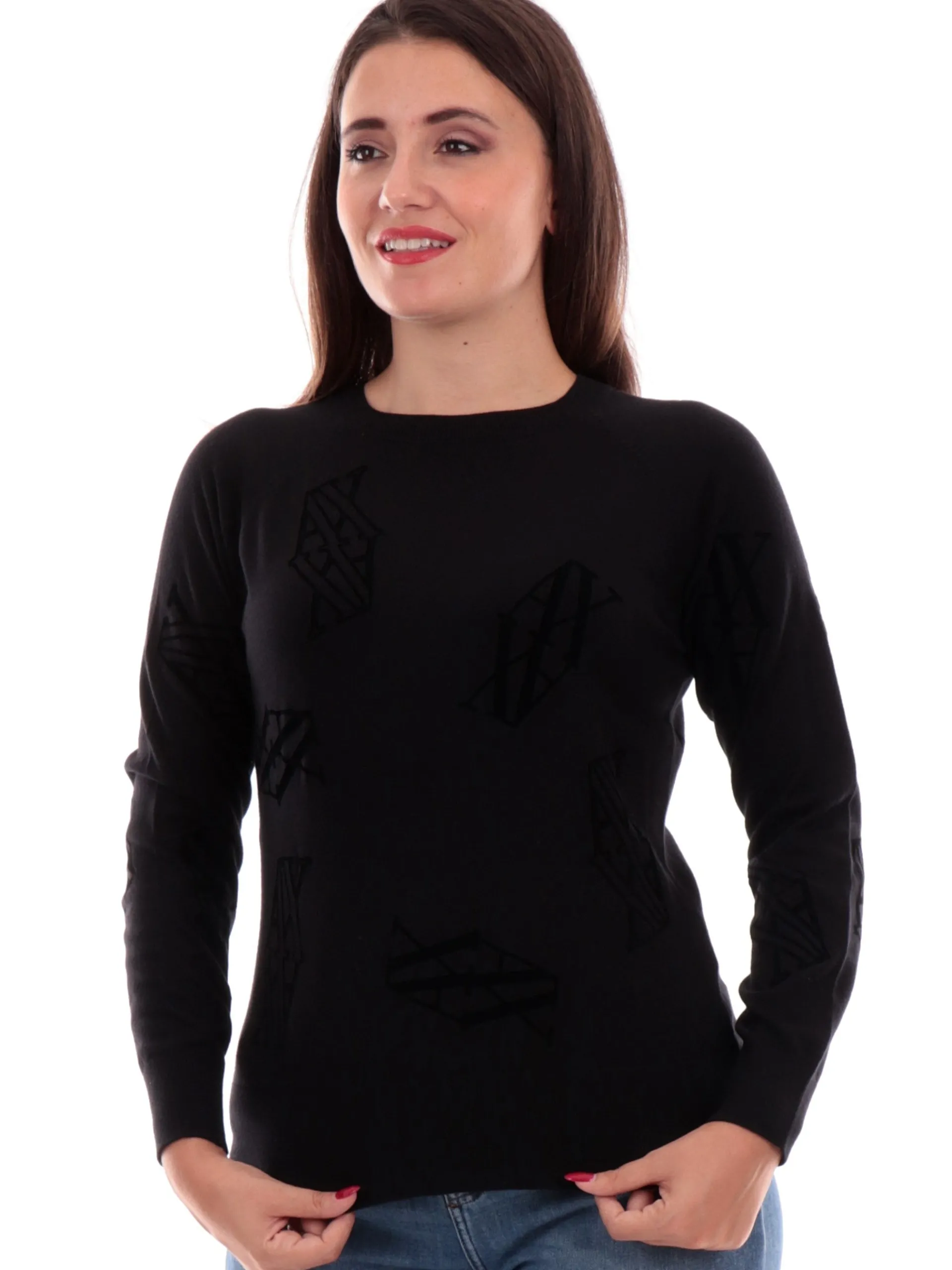 ARMANI EXCHANGE Maglie*Maglia nera da donna loghi velluto AX pullover 6DYM1AYMP7Z