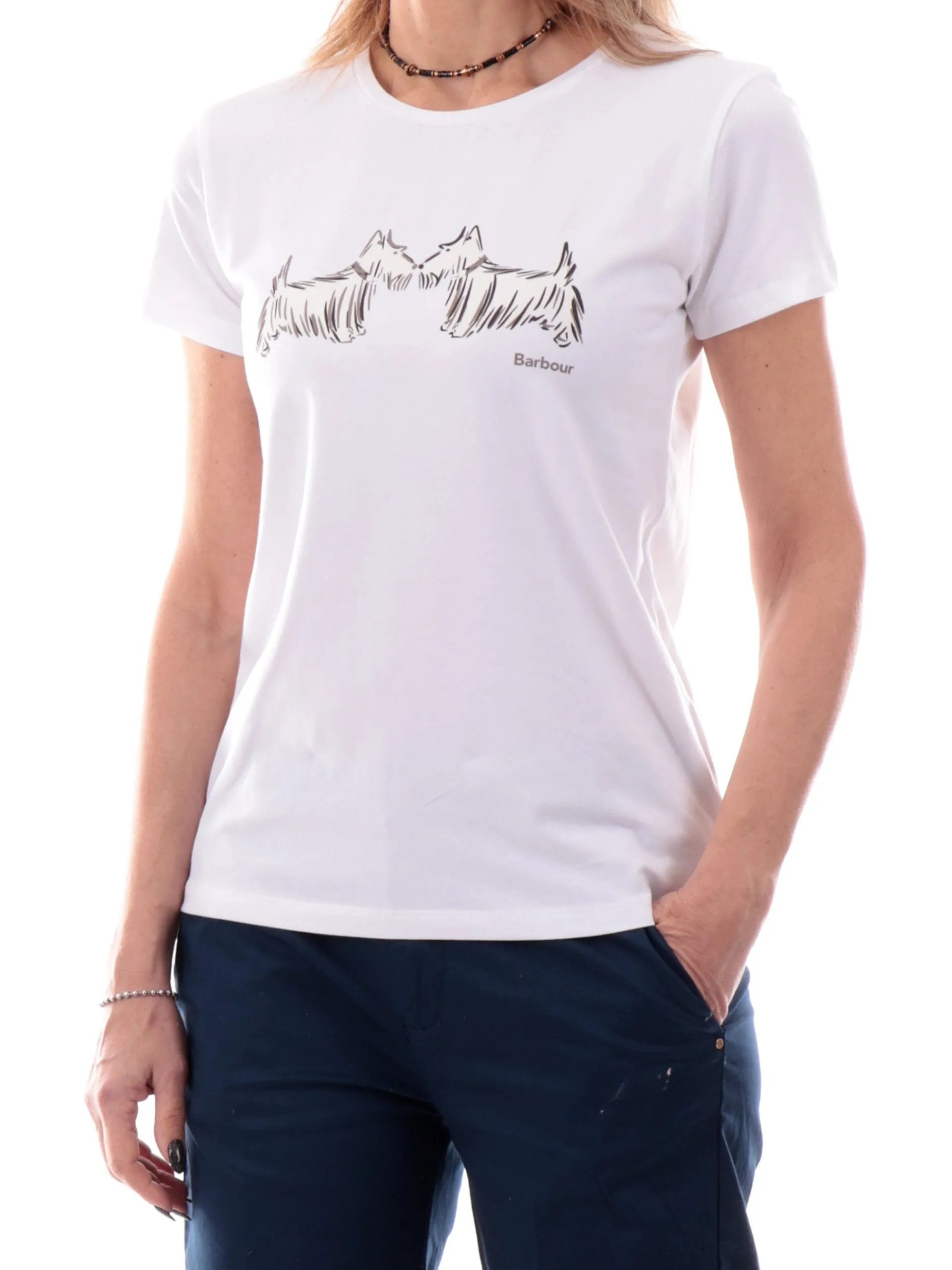 BARBOUR T-Shirt*Maglia Highlands bianca da donna con stampa cani LTS0669