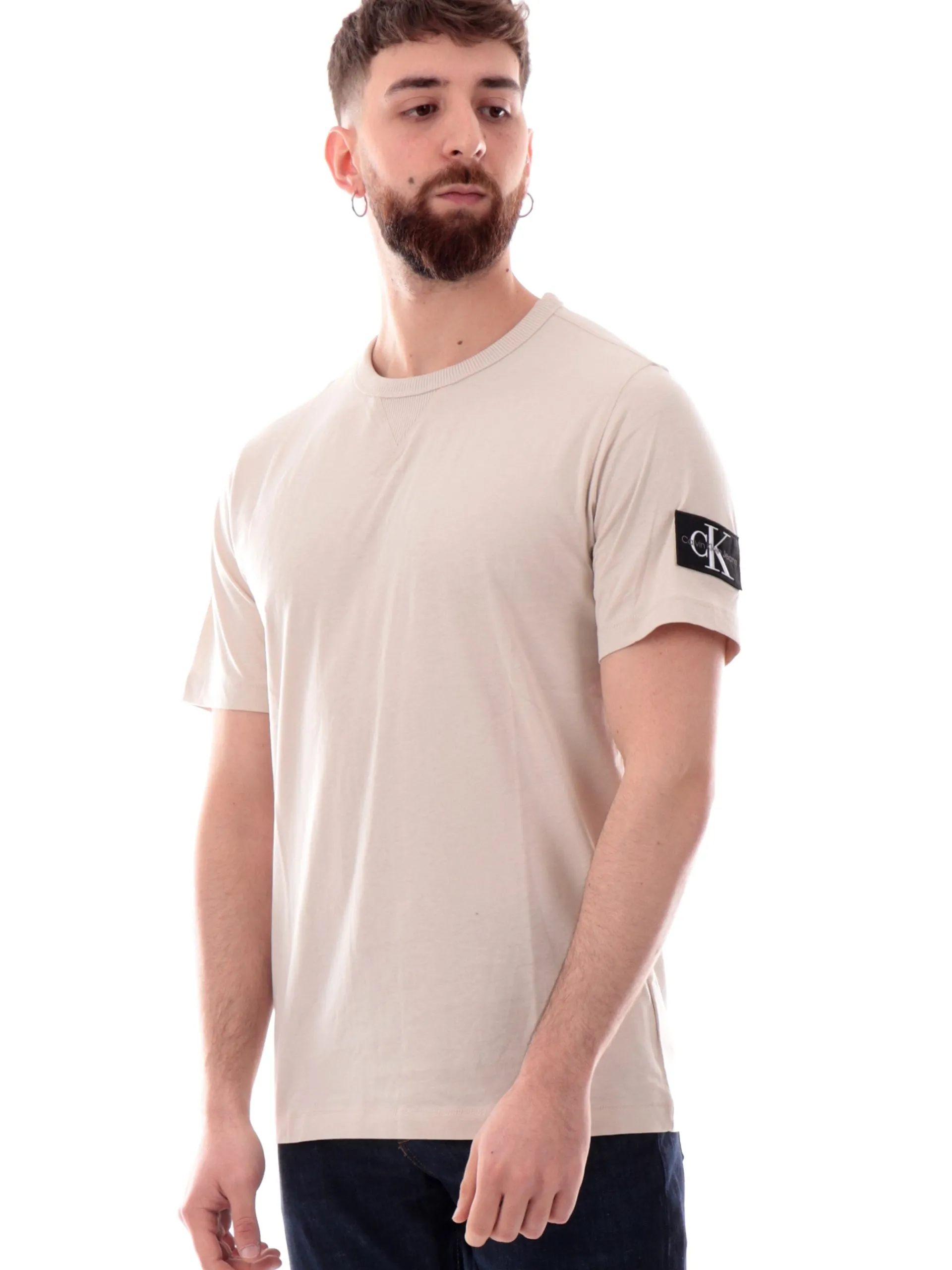 CALVIN KLEIN T-Shirt*Maglia beige Badge Regular da uomo patch CK sulla manica sinistra J30J323484 PDV