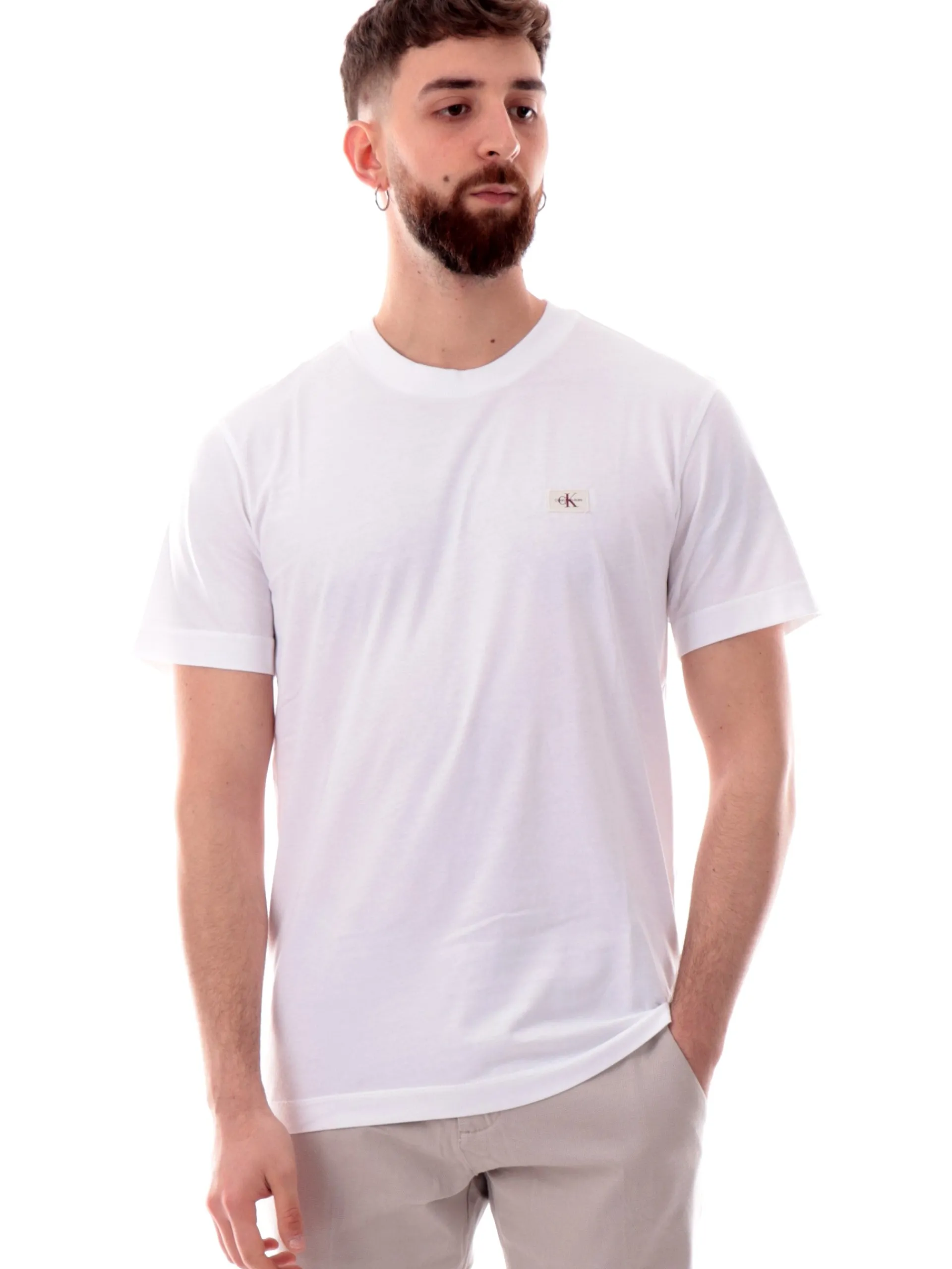 CALVIN KLEIN T-Shirt*Maglia bianca girocollo da uomo patch CK lato cuore J30J327100