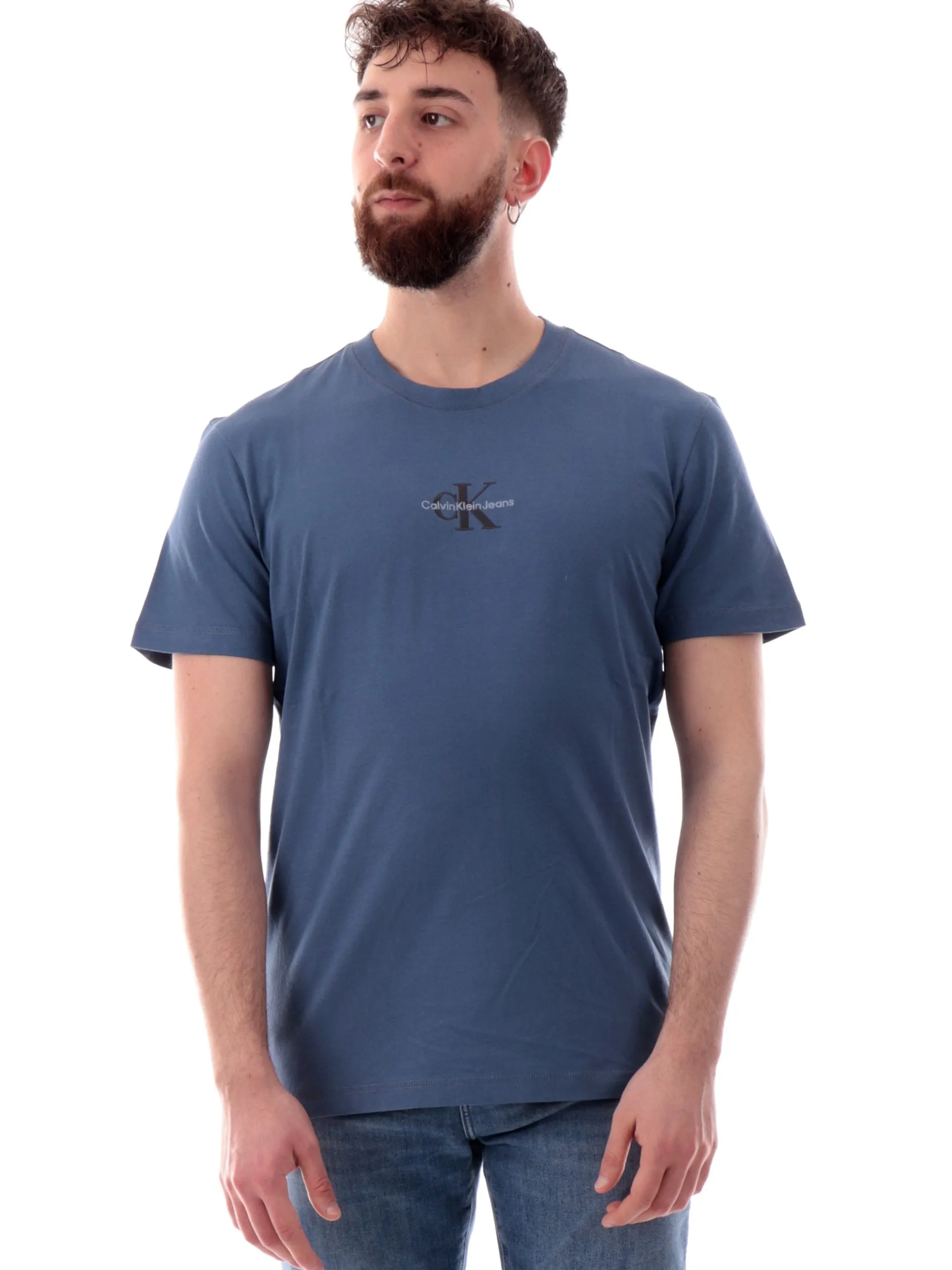 CALVIN KLEIN T-Shirt*Maglia blu da uomo logo ricamato J30J325649