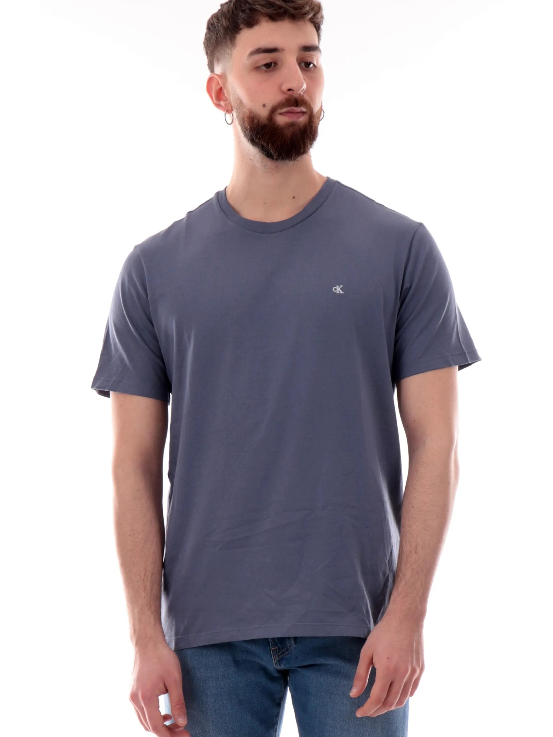 CALVIN KLEIN T-Shirt*Maglia blu girocollo da uomo logo CK ricamato LV040HM265 FCG