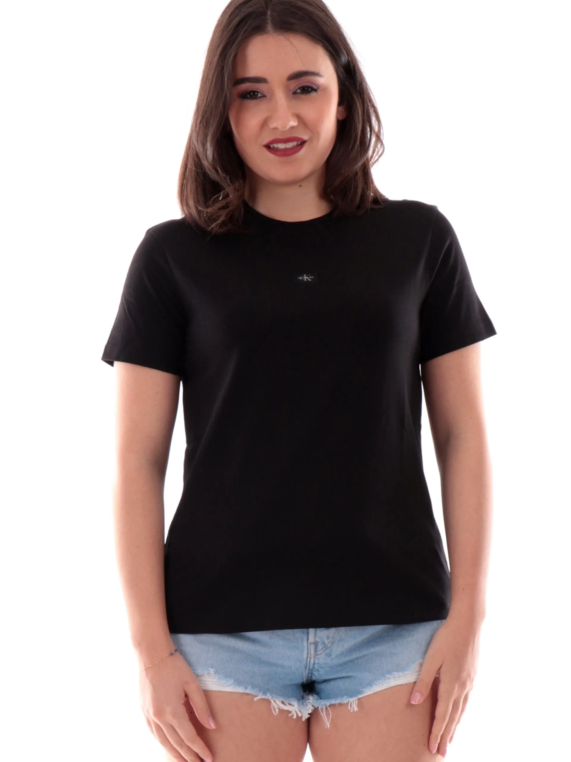 CALVIN KLEIN T-Shirt*Maglia nera da donna patch CK sul davanti J20J225243