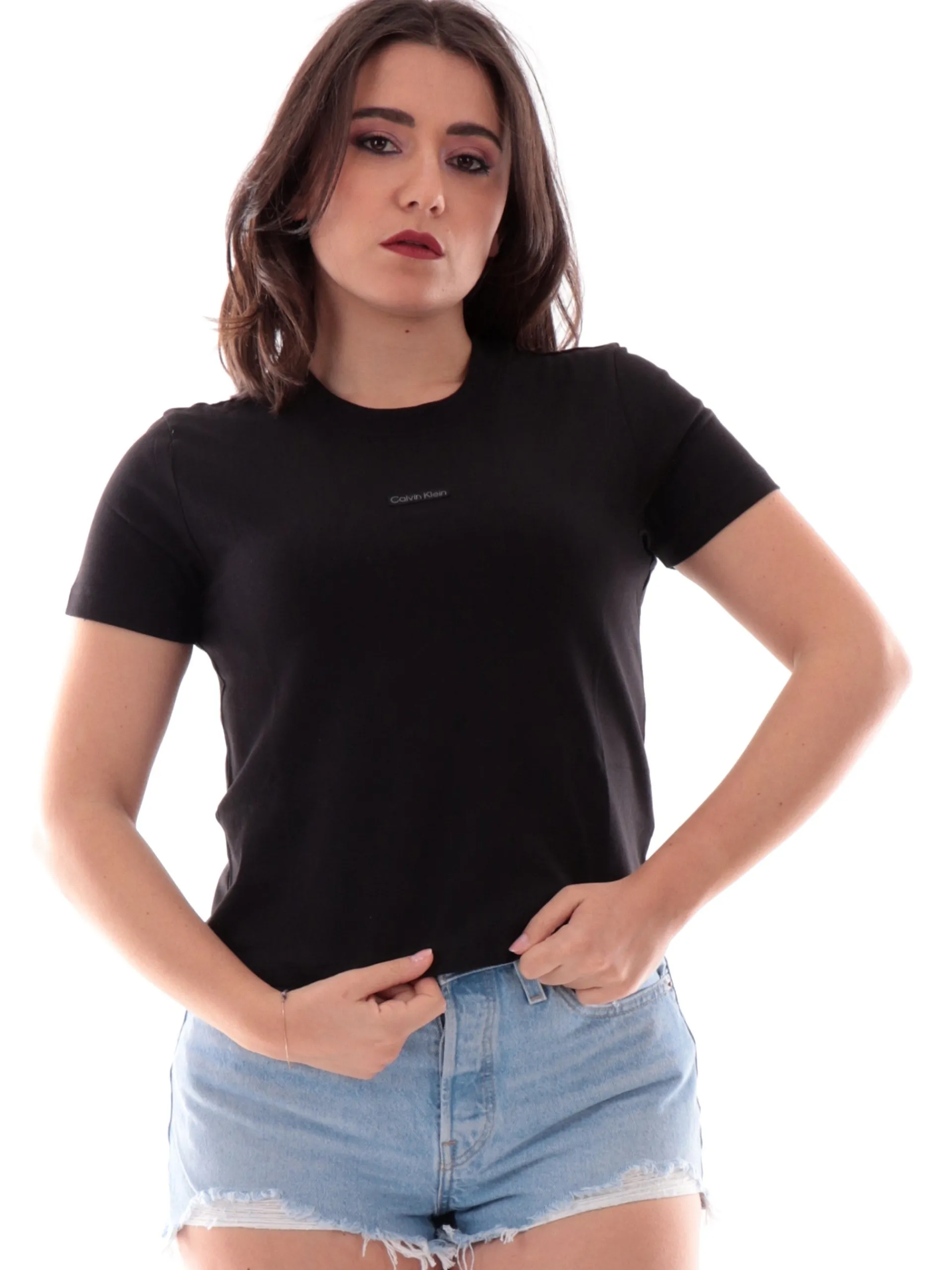CALVIN KLEIN T-Shirt*Maglia nera girocollo da donna patch CK Baby J20J225524