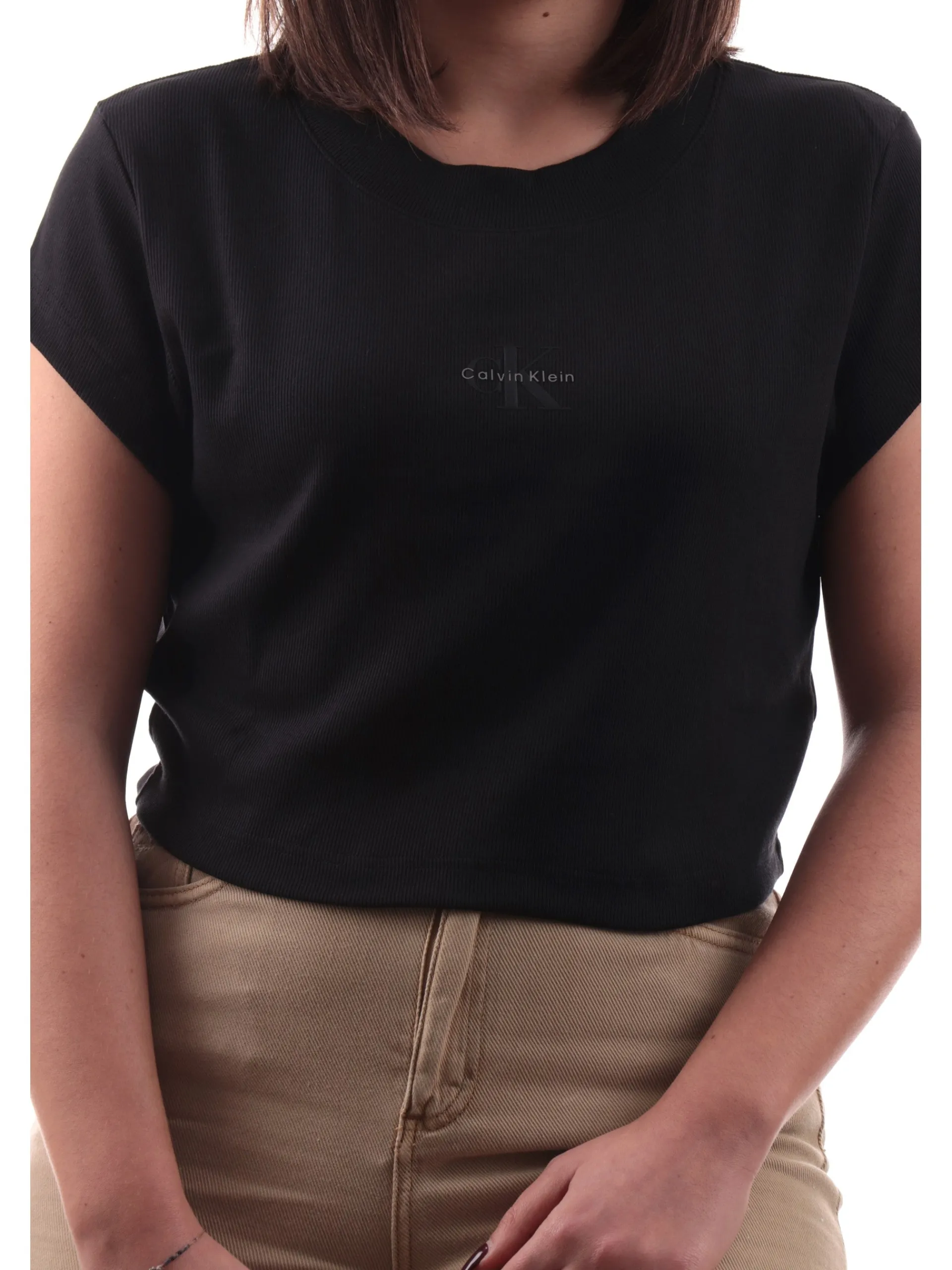 CALVIN KLEIN T-Shirt*Maglia crop nera da donna con stampa LV047AB802