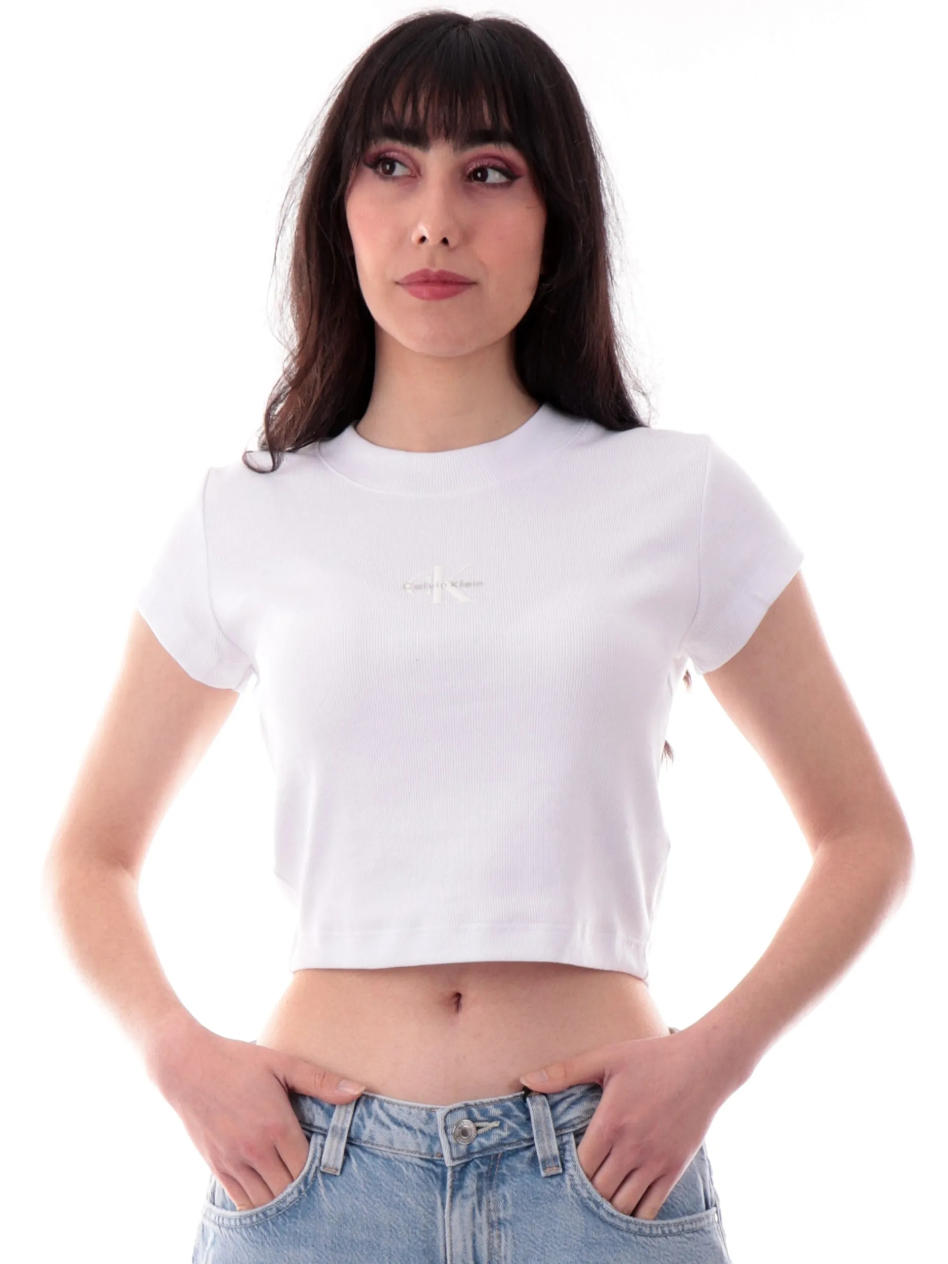 CALVIN KLEIN T-Shirt*Maglia crop bianca da donna con stampa LV047AB802