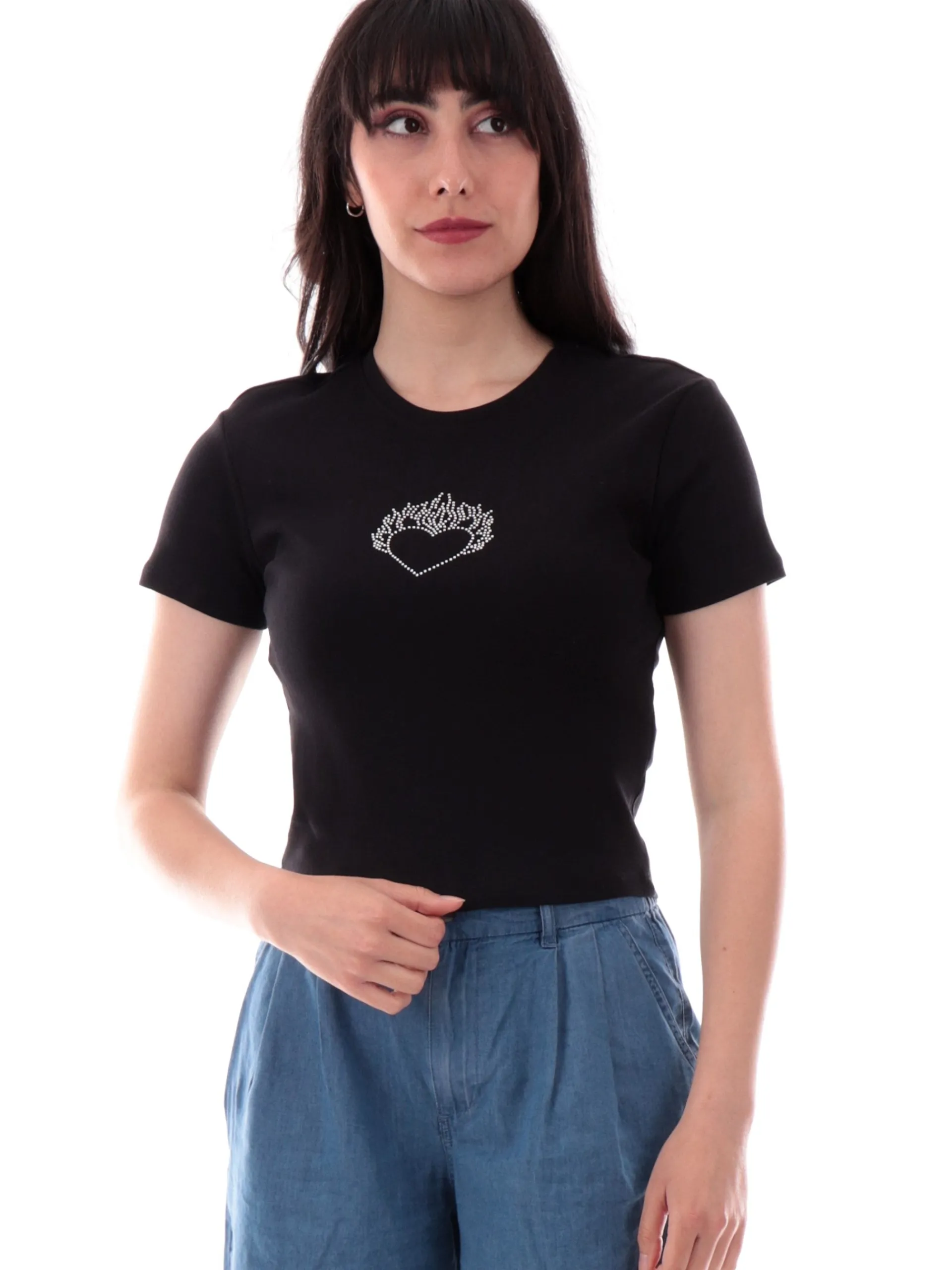ONLY Maglie*Maglia crop Nera da donnacuore sacro con strass 15346419