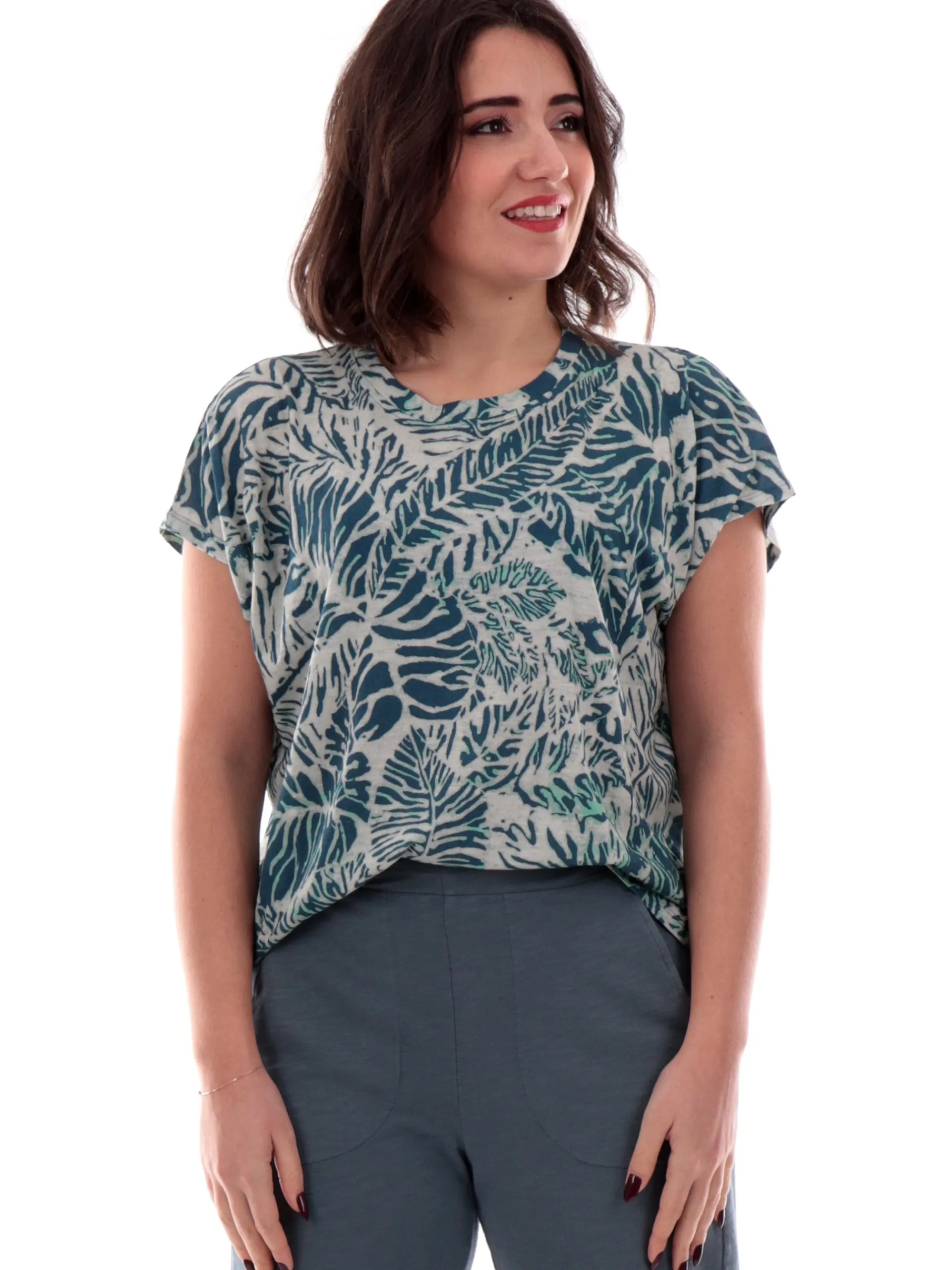 DEHA T-Shirt*Maglia fantasia floreale Celeste da donna D22430