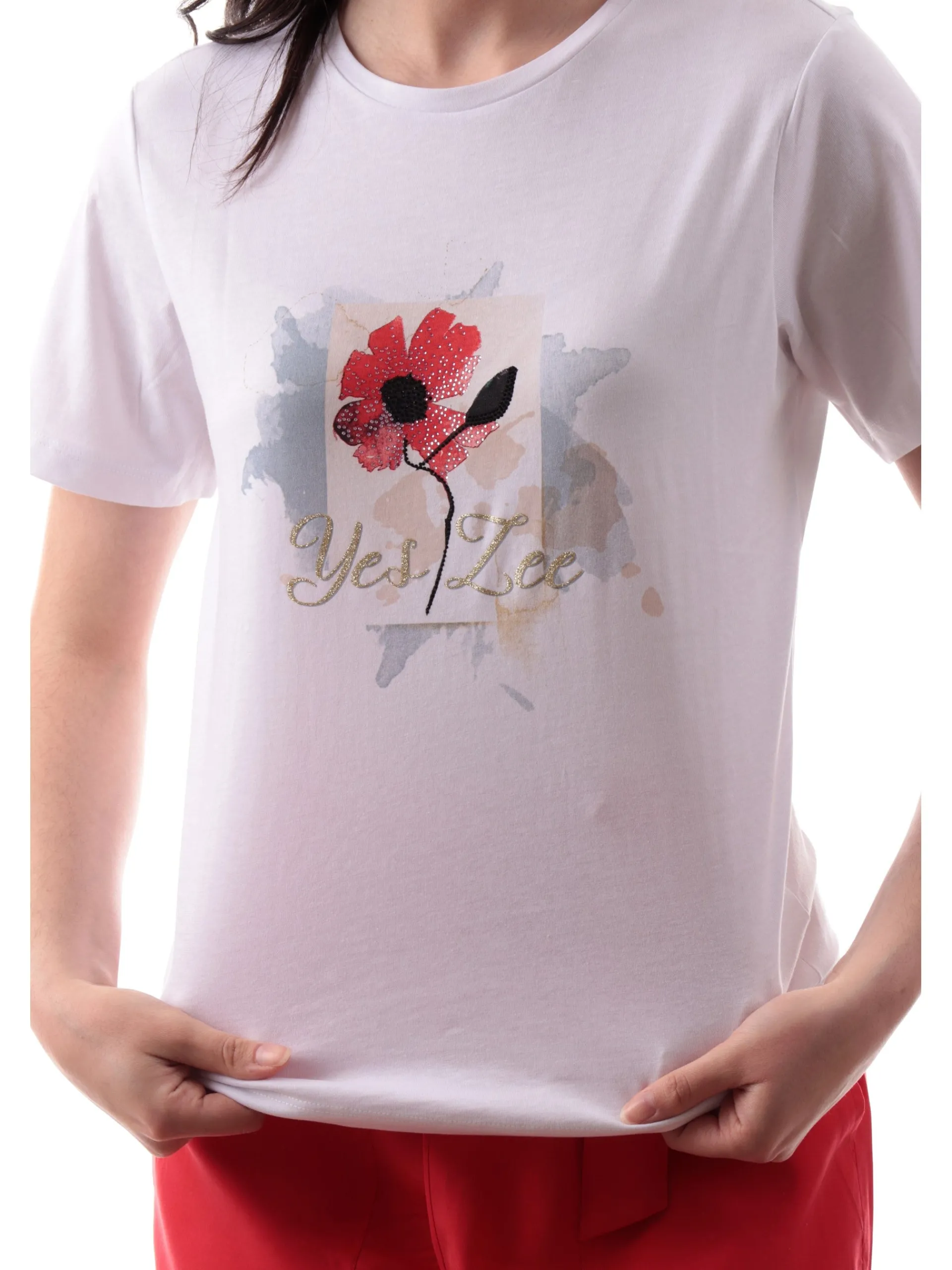 YES ZEE T-Shirt*Maglia donna bianca da donna con strass T267JX000101