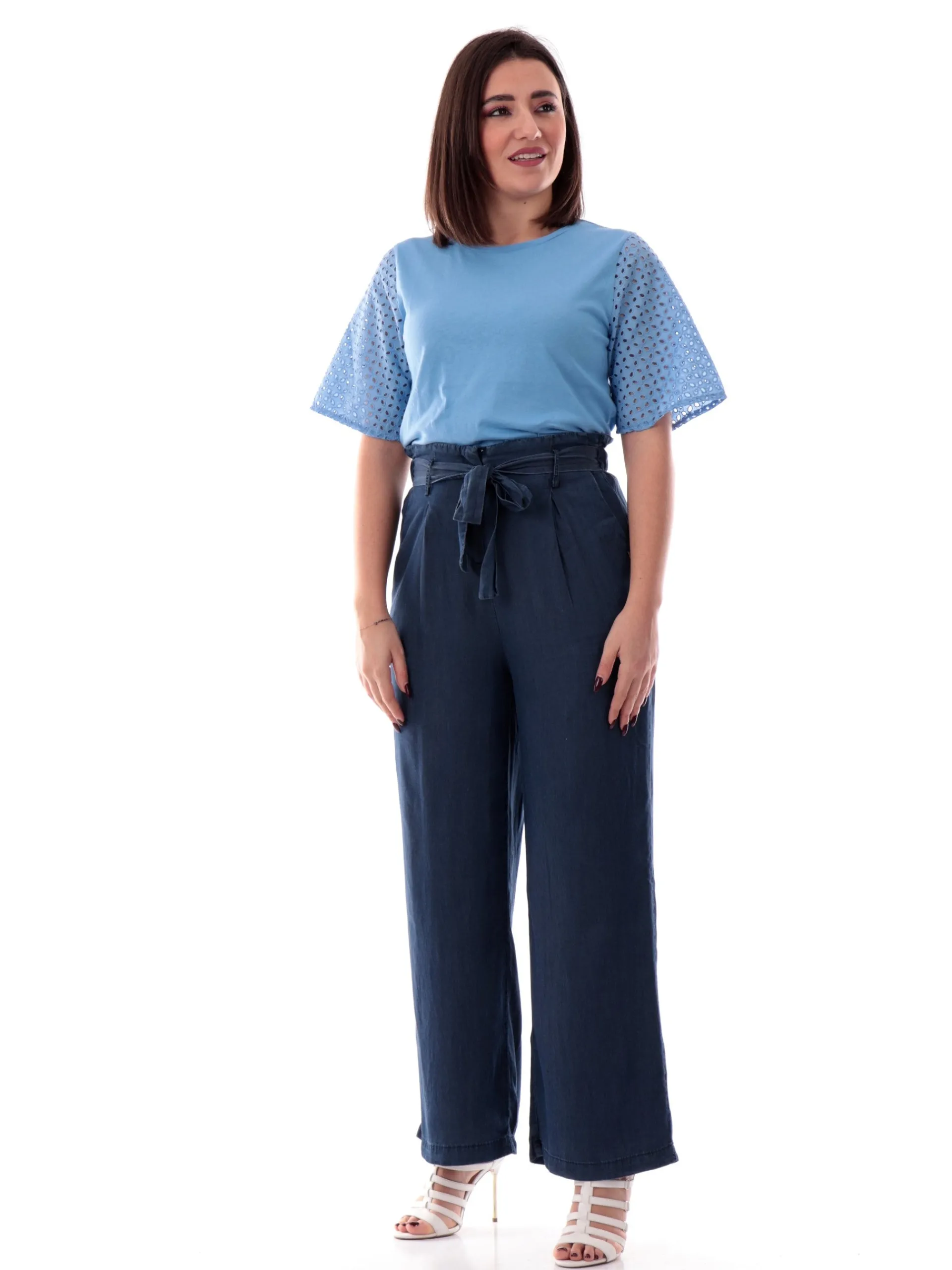 EMME MARELLA T-Shirt*Maglia celeste da donna maniche corte bucherellate EGER