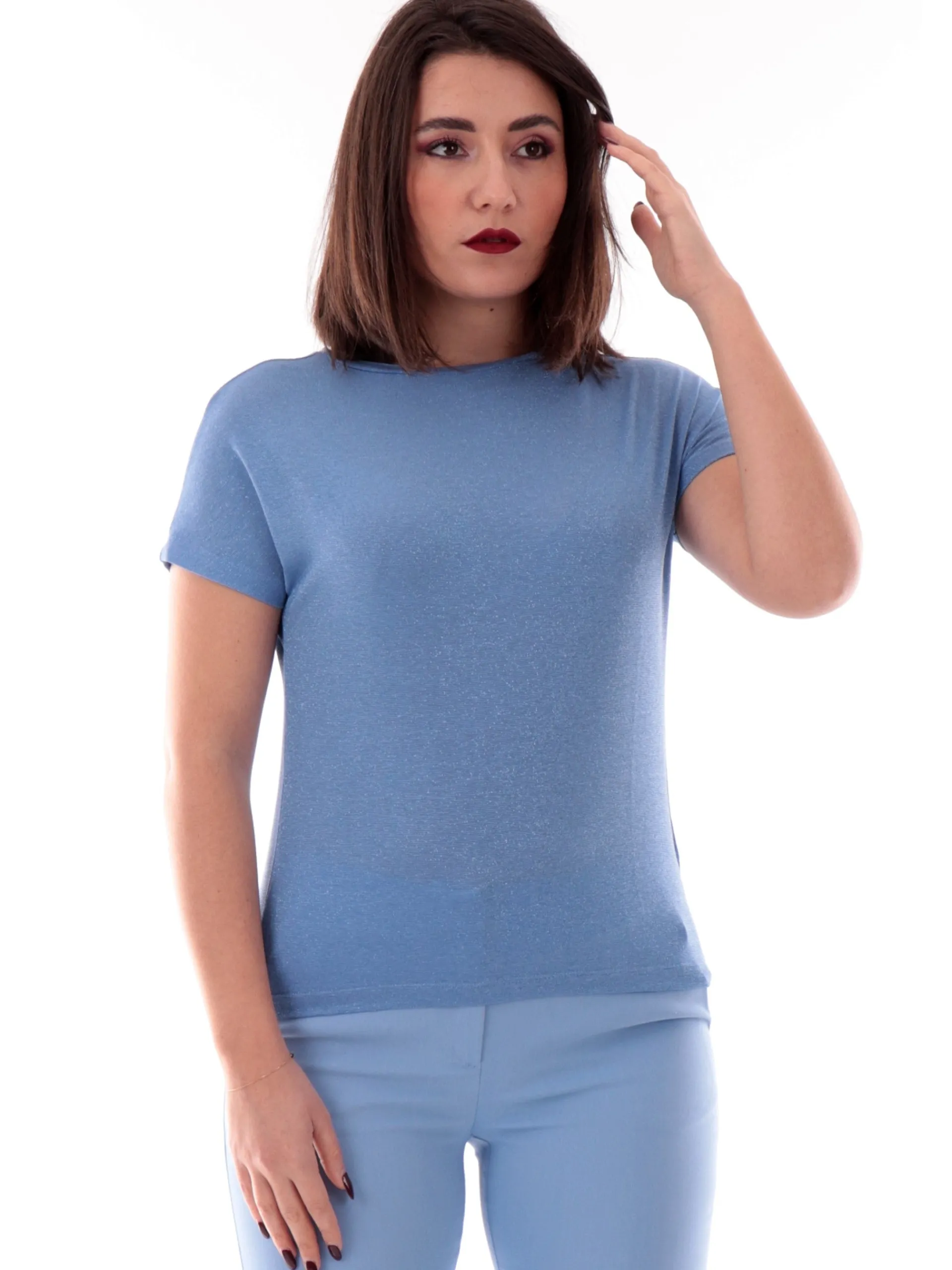 EMME MARELLA T-Shirt*Maglia lurex blu da donna maniche corte ZERMAT