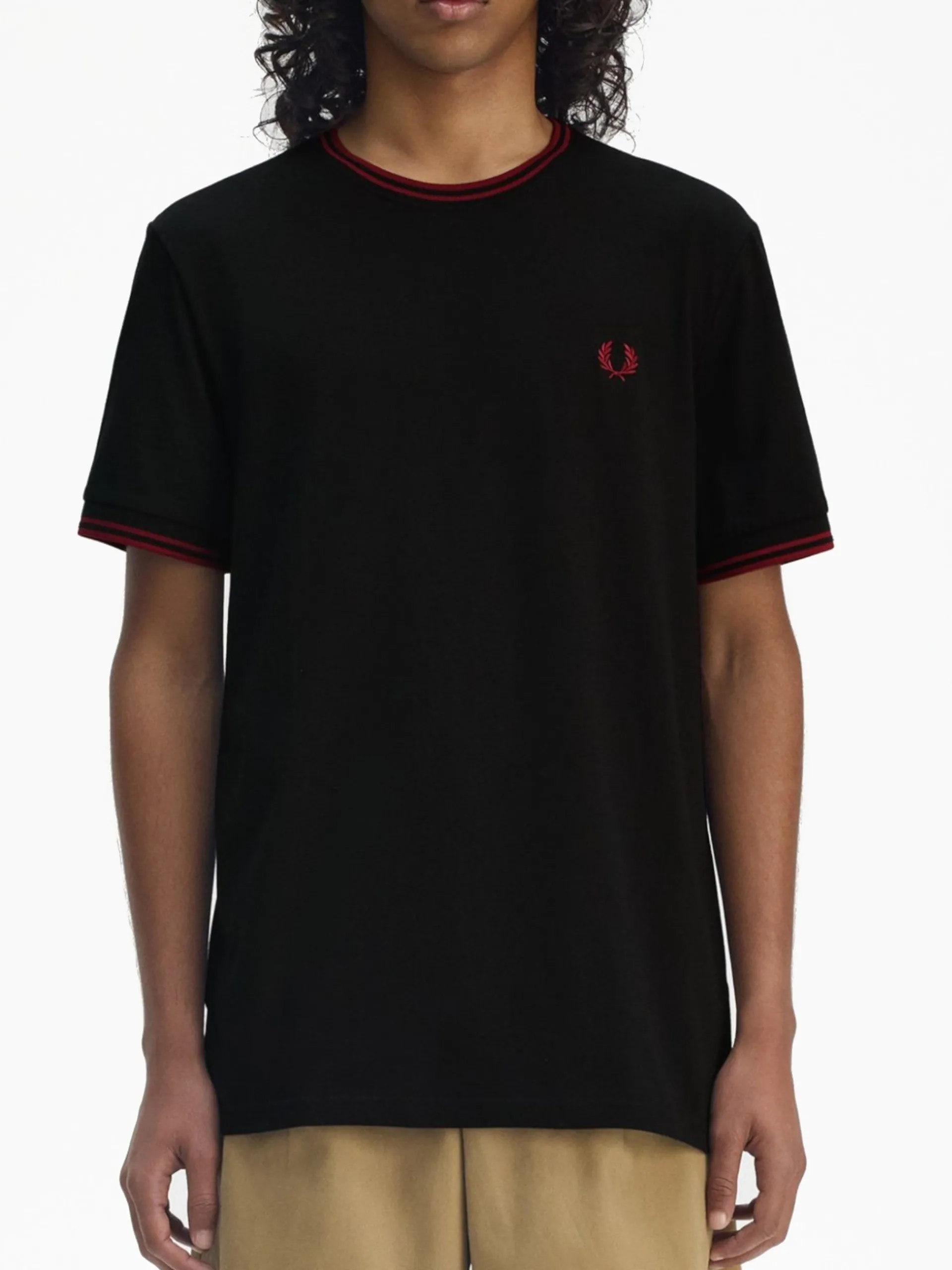 FRED PERRY T-Shirt*Maglia Twin Tipped nera da uomo bande rosse M1588 Y42