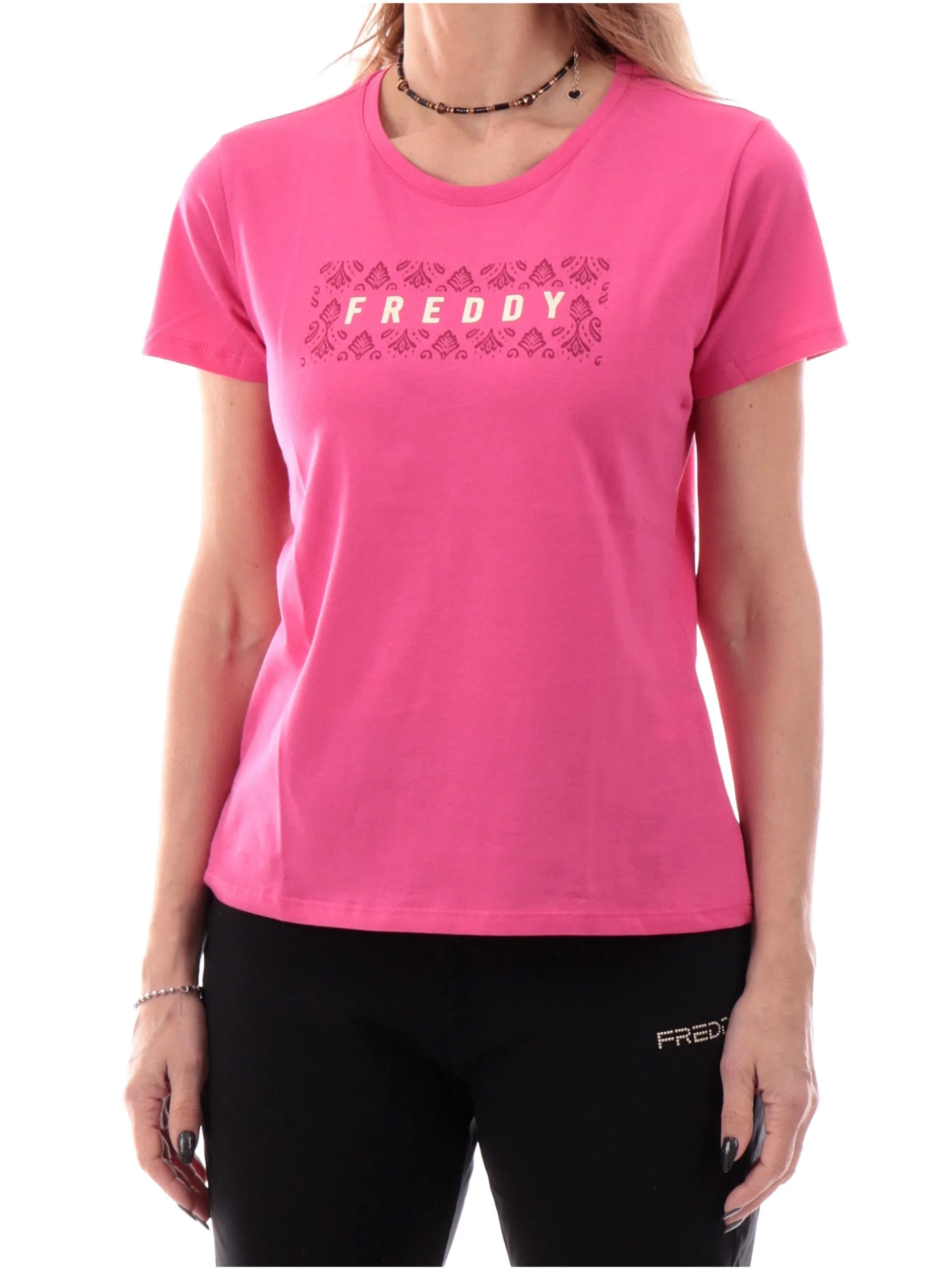 FREDDY T-Shirt*Maglia fucsia girocollo da donna logo foulard S25WTRT3 F100