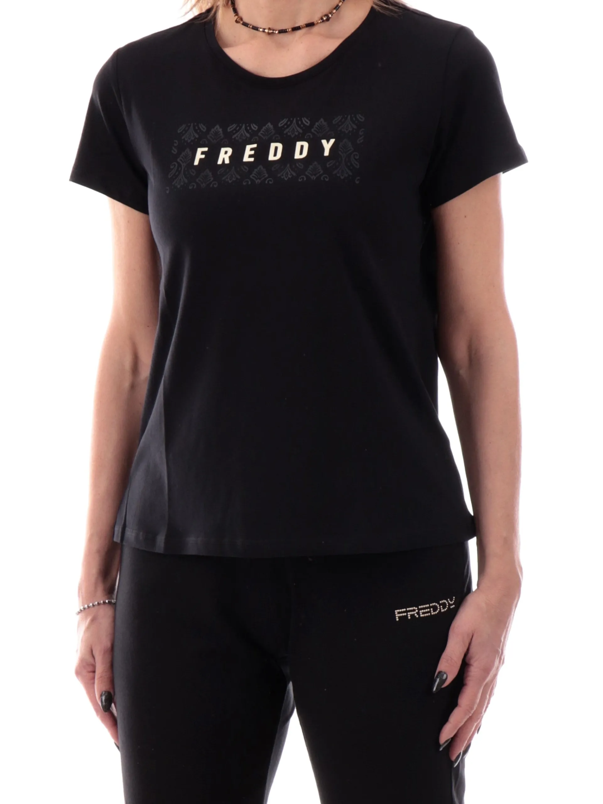 FREDDY T-Shirt*Maglia nera girocollo da donna logo foulard S25WTRT3
