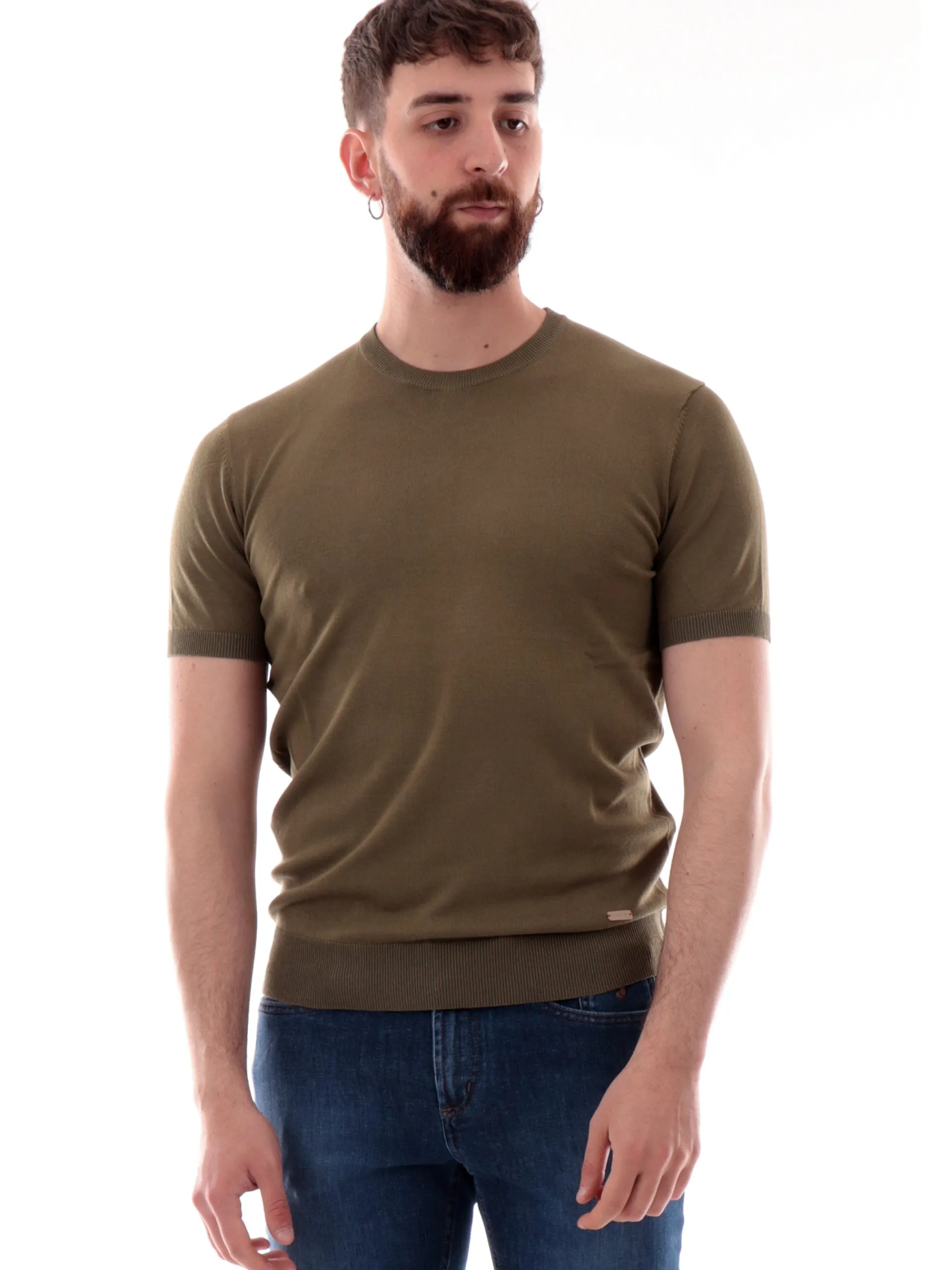 GIANNI LUPO Maglie*Maglia verde militare girocollo da uomo tessuto in maglia GL510SS25