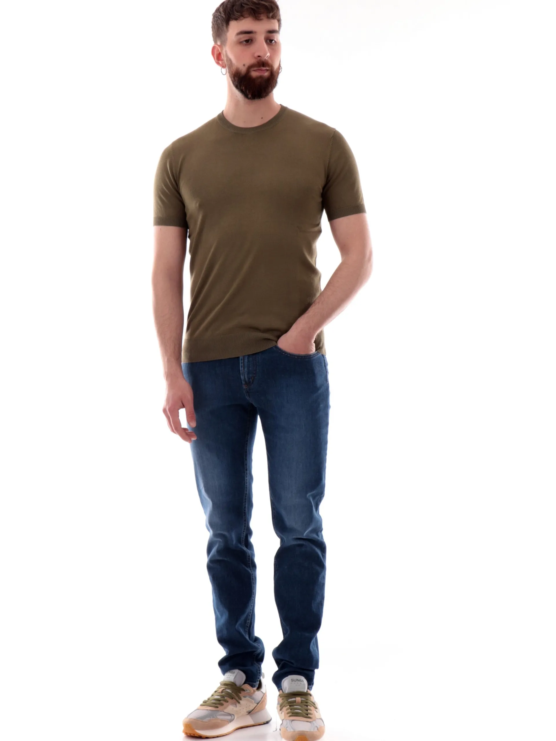 GIANNI LUPO Maglie*Maglia verde militare girocollo da uomo tessuto in maglia GL510SS25