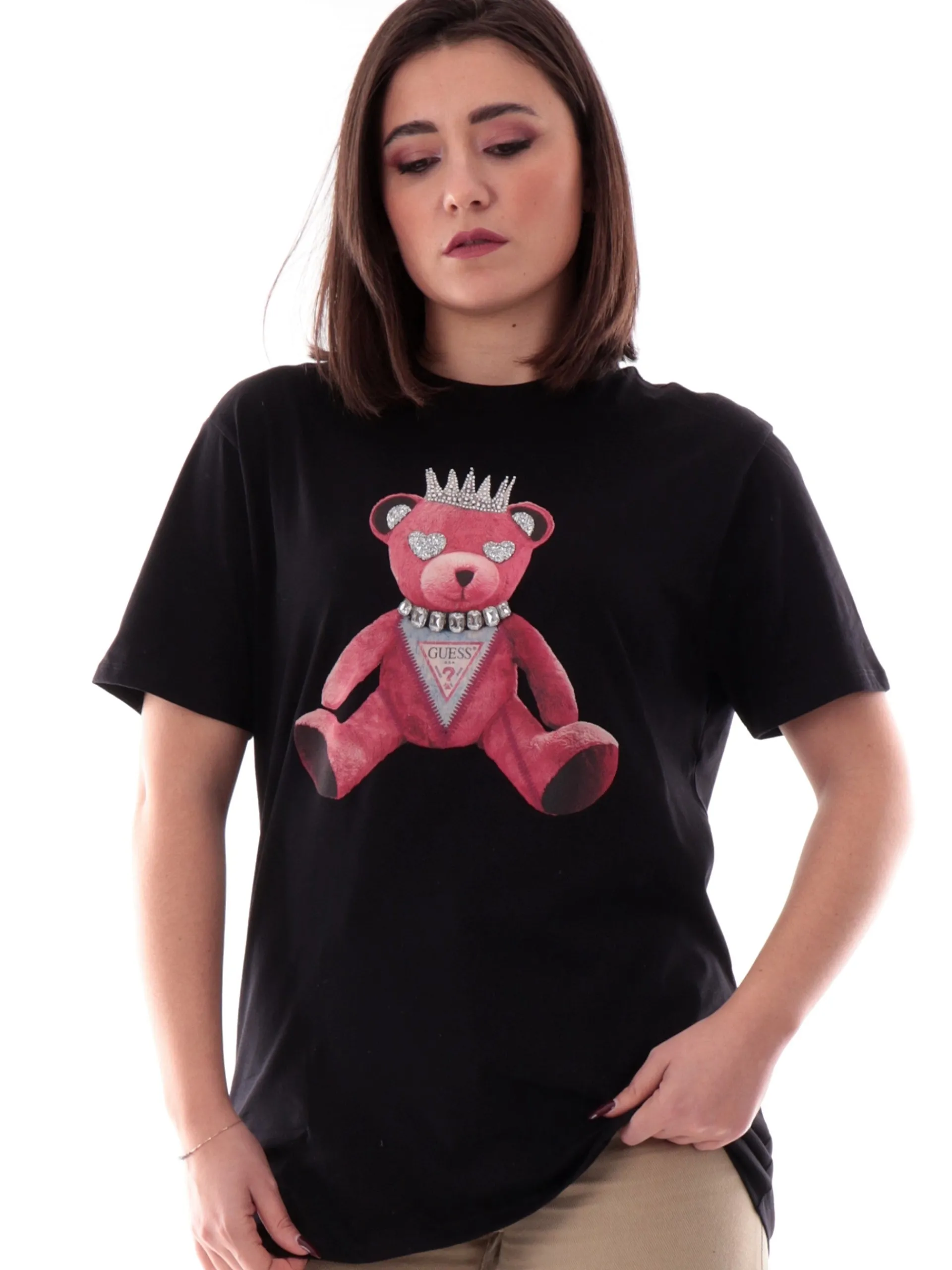 GUESS T-Shirt*Maglia nera con strass Pink Bear da donna W5RI30K9RM1