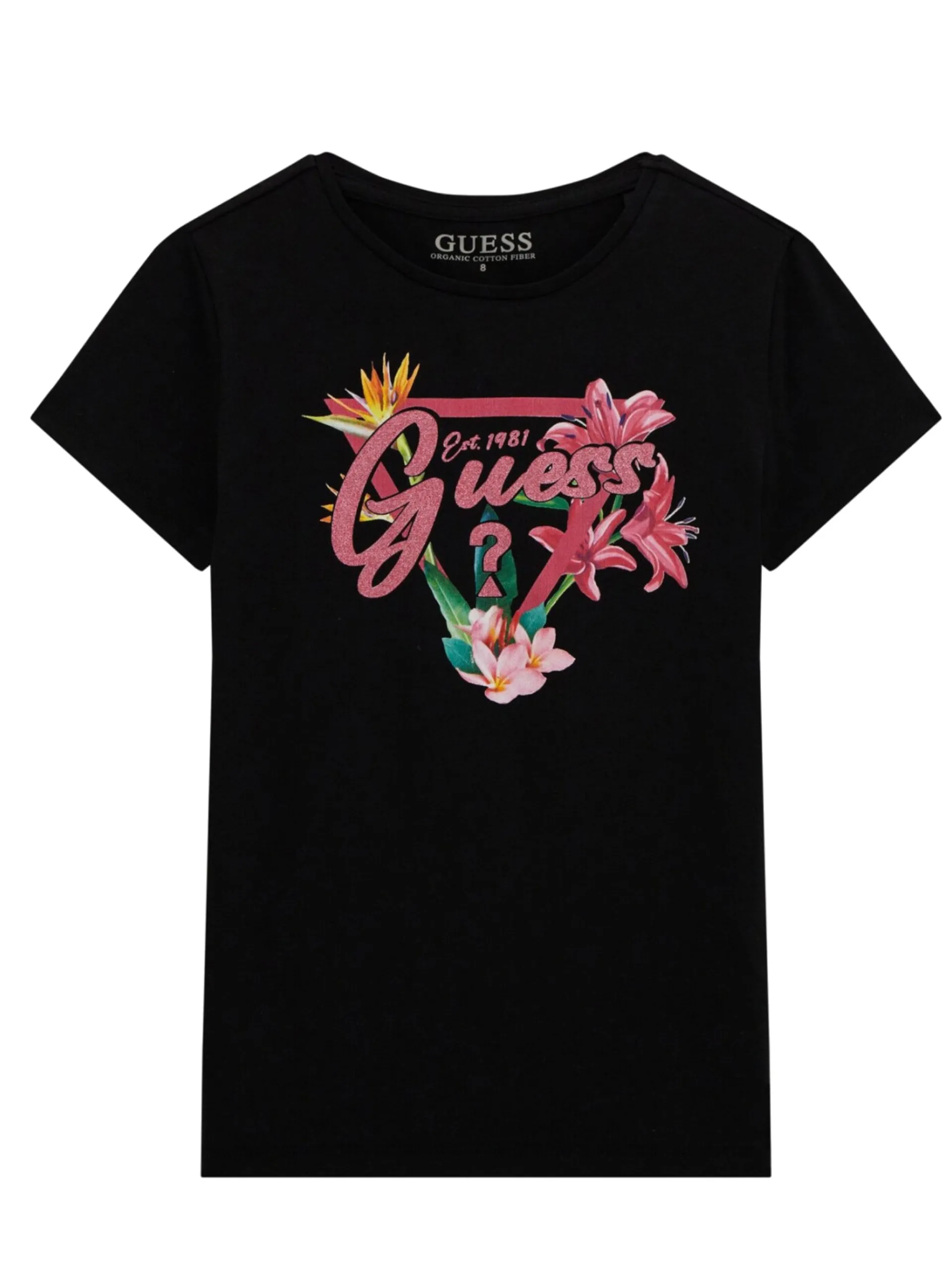 GUESS T-Shirt*Maglia nera da bambina logo fiori con glitter J5GI16K6YW4